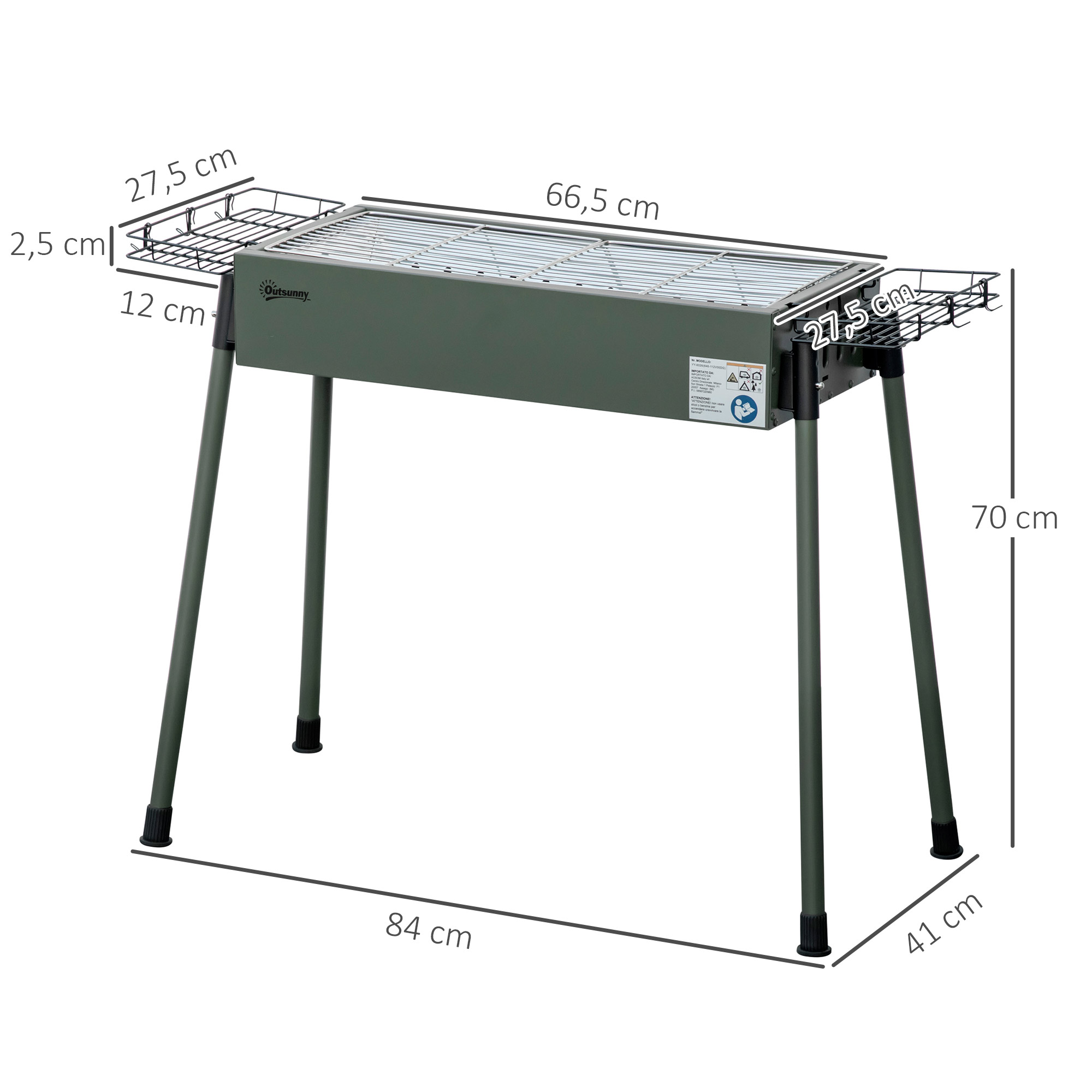 Holzkohlegrill, 2x Grillrost, 1x Kohlegitter, 2x Seitenkorb, rostfreier Stahl, dunkelgrün, 94 x 39 x 70 cm