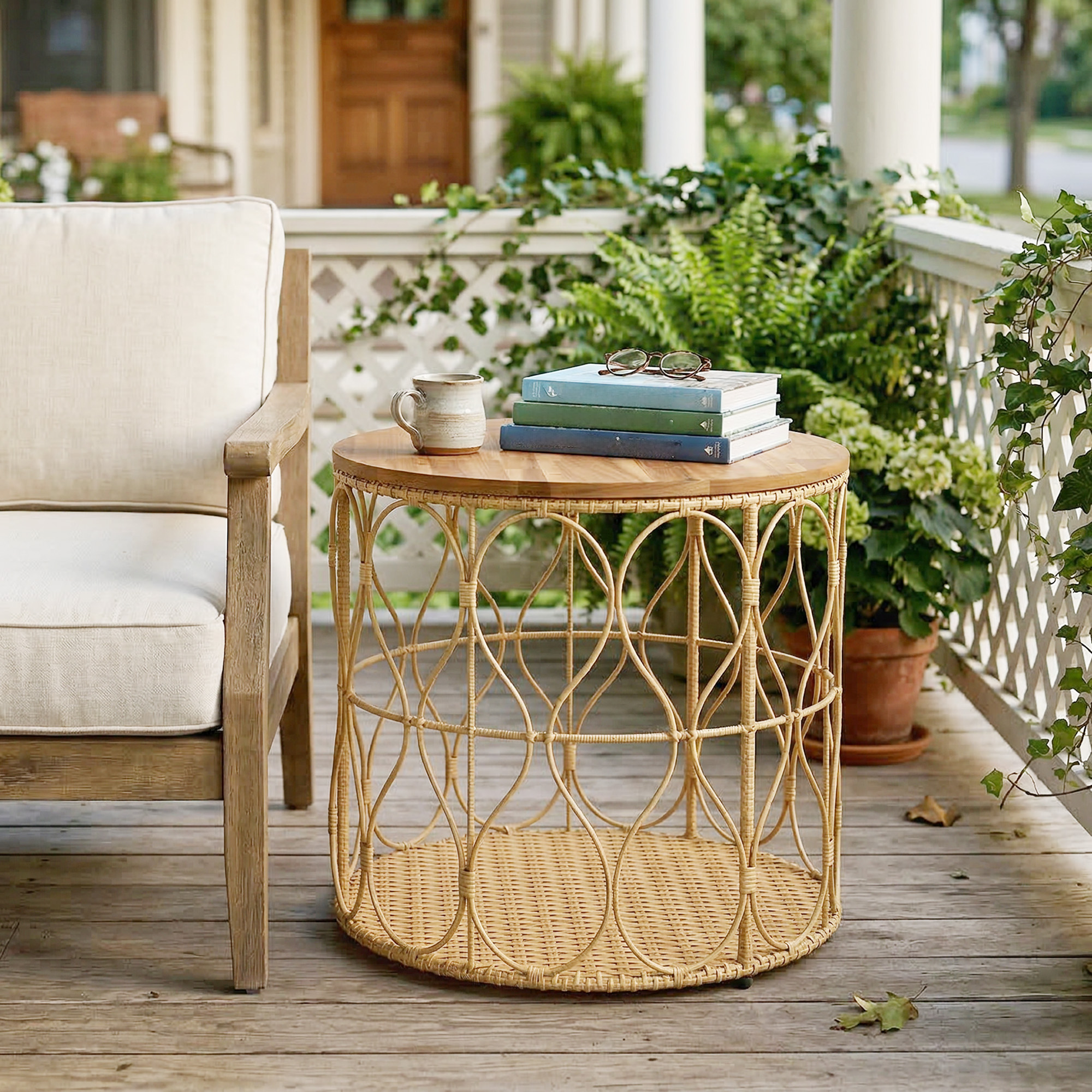 Beistelltisch Ø50 cm wetterfest Gartentisch mit Rattanoptik Akazienholzplatte verstellbaren Füßen Teak