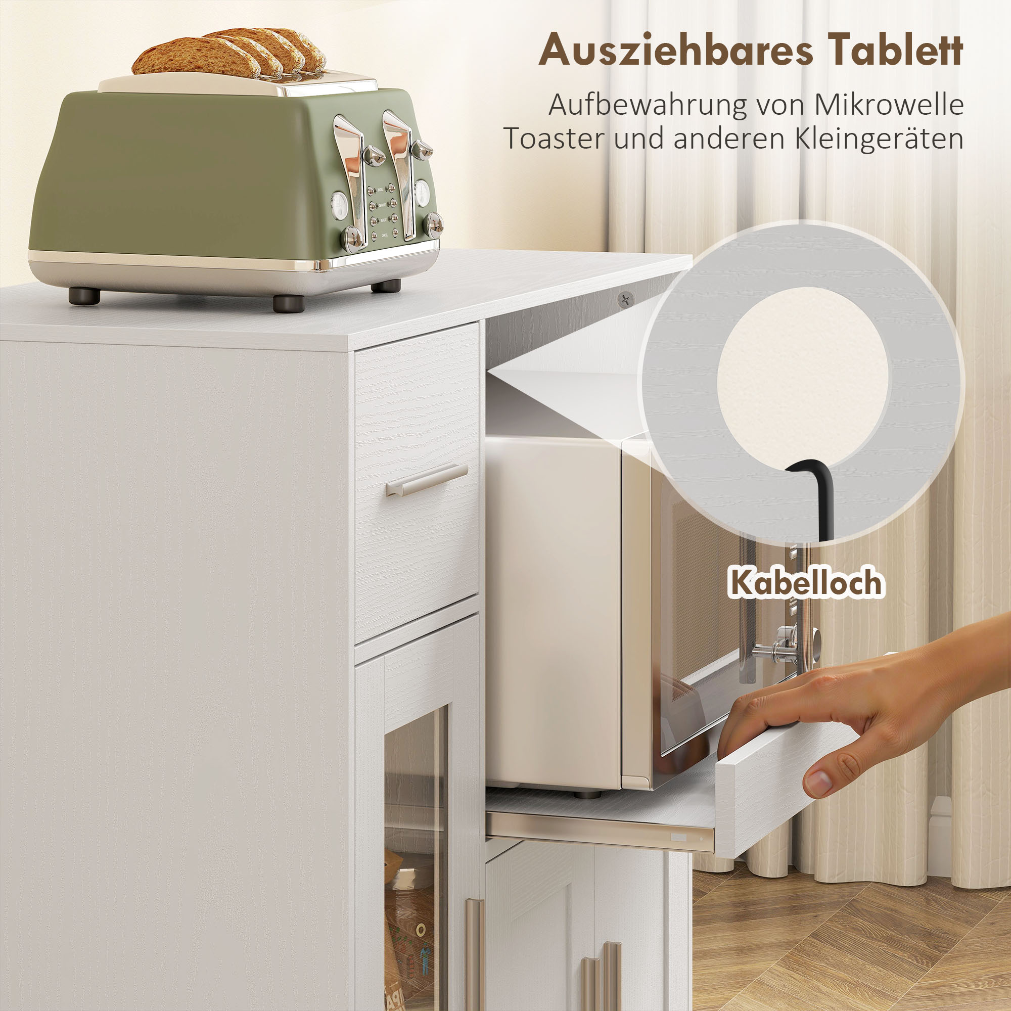 Küchenschrank auf Rädern, Mobile Küchenkommode mit Ablagen, Schubladen, verstellbarem Regal, Kabelloch, Weiß
