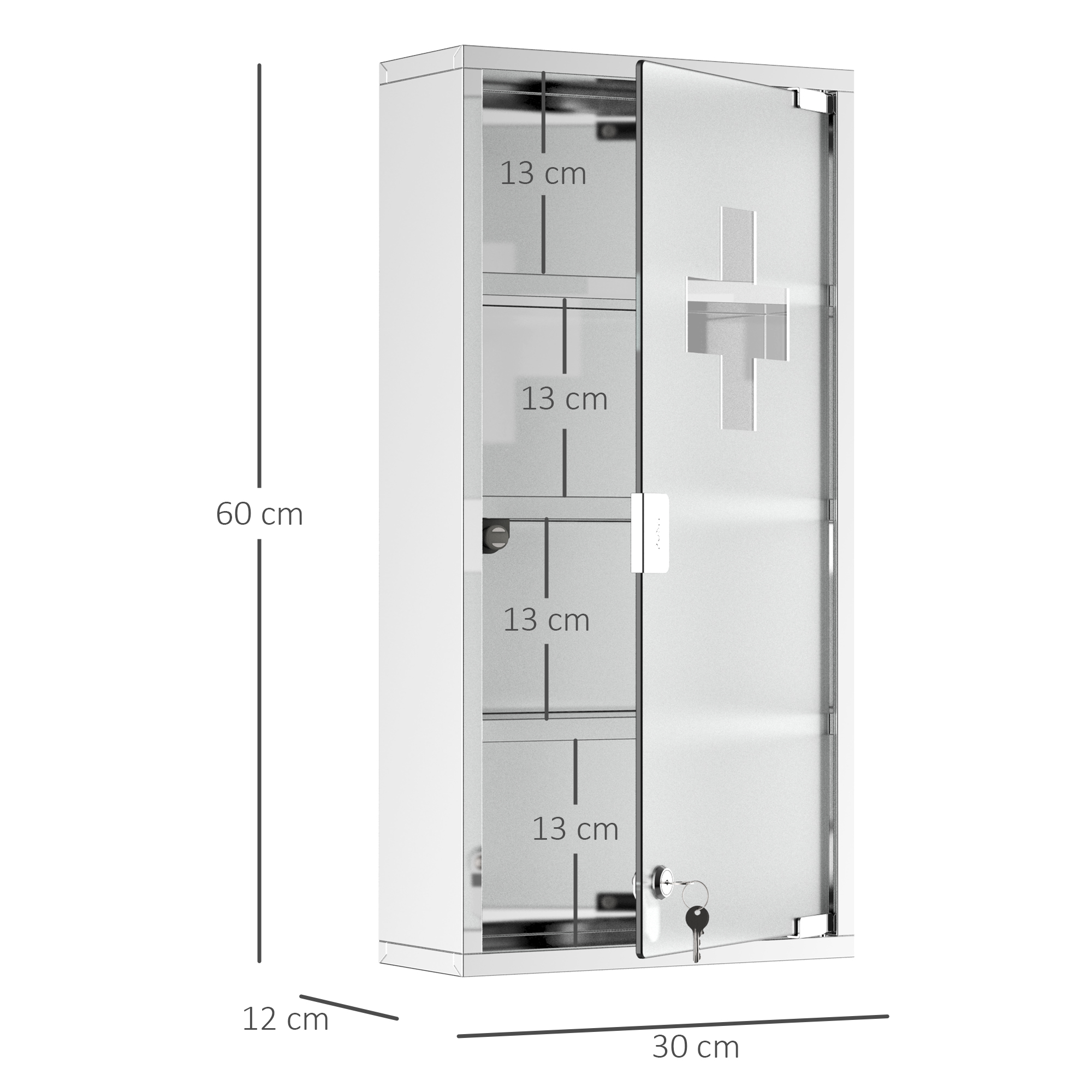 Medizinschrank Arzneischrank aus Edelstahl, Abschließbar Medikamentenschrank mit 4 Fächern, Glastür Apothekerschrank zur Medikamenten-Aufbewahrung, 30 x 12 x 60 cm