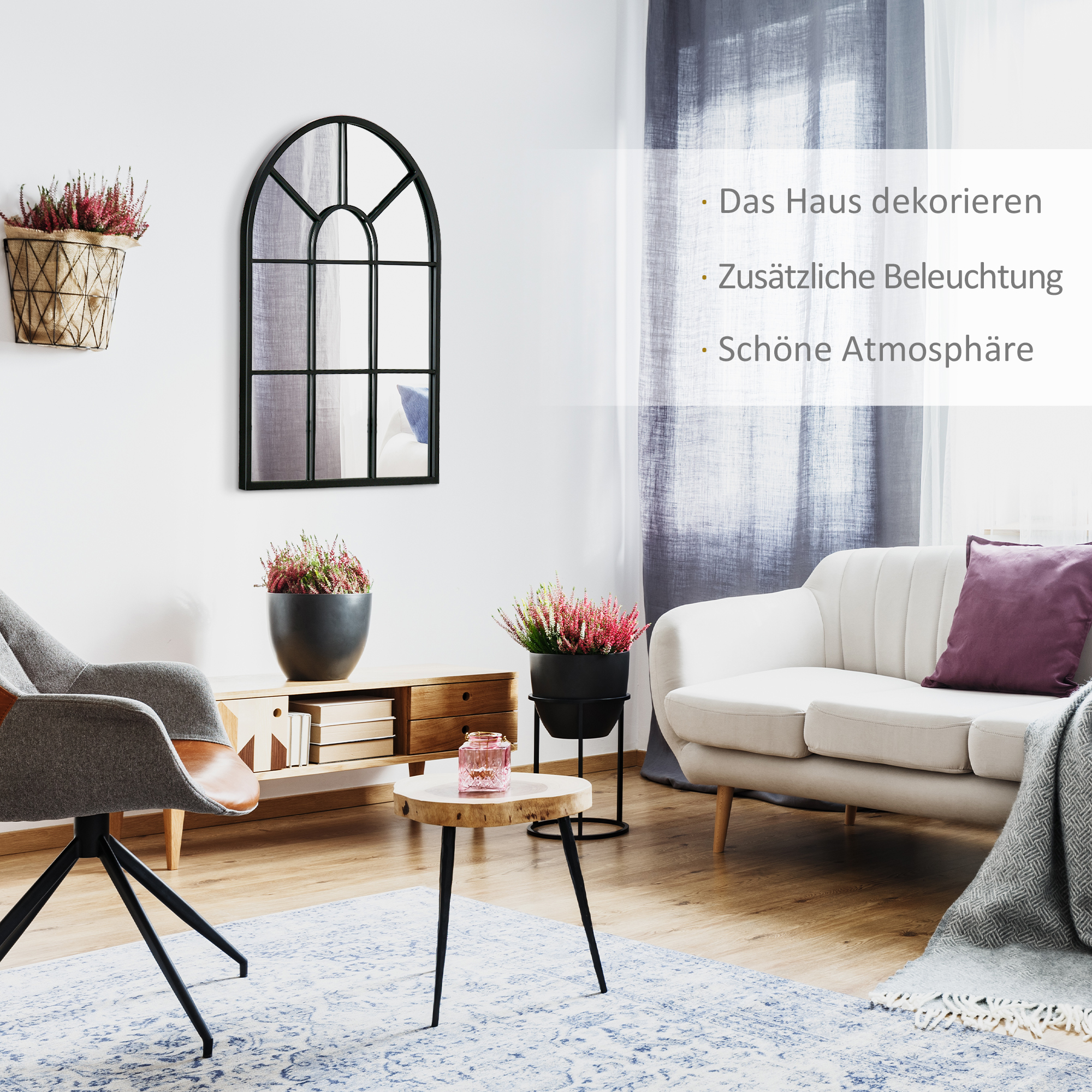 Wandspiegel, Fenster-Design, Flurspiegel, Metallrahmen, 70x50 cm, Schwarz