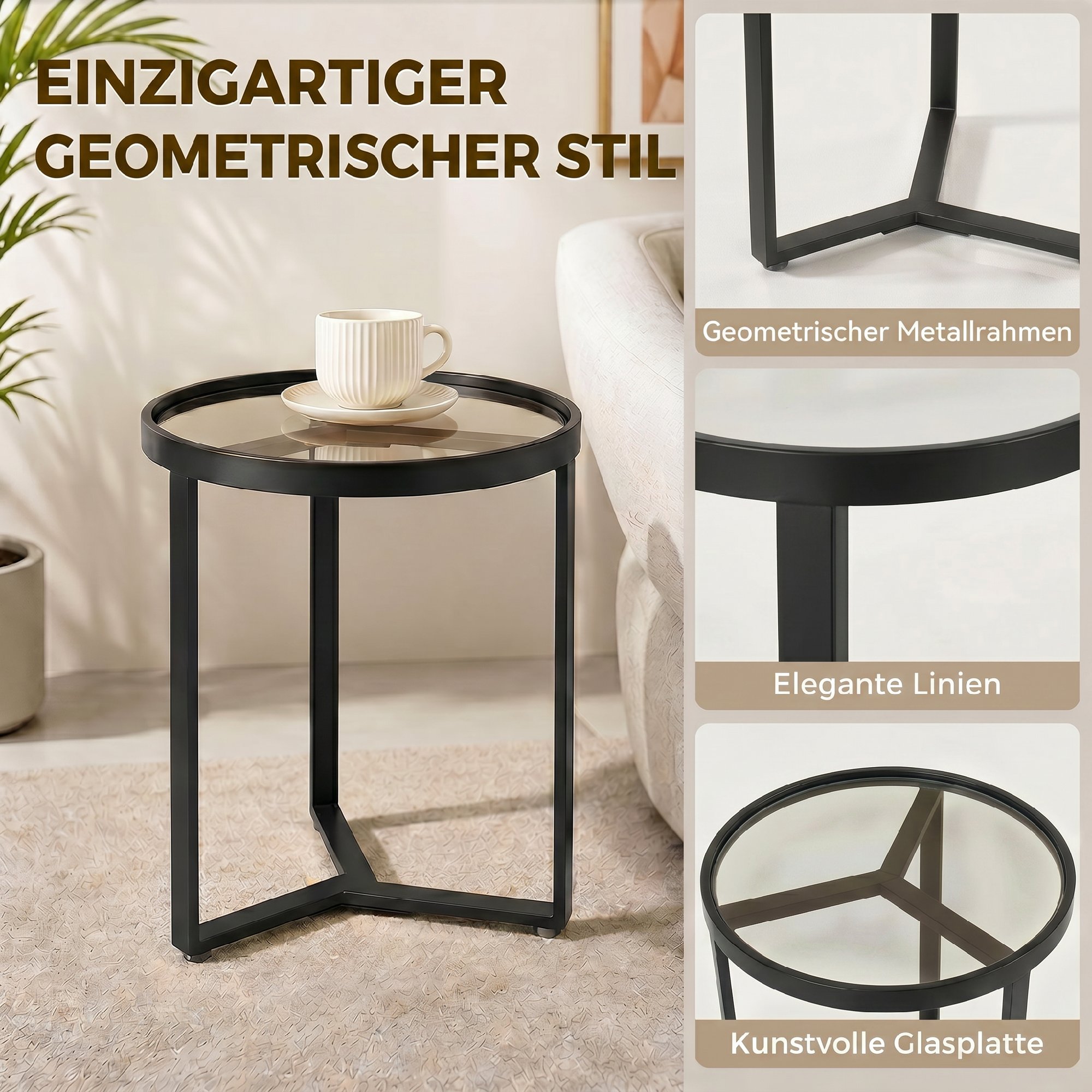 Runder Beistelltisch mit gehärteter Glasplatte und geometrischem Metallgestell für kleine Räume, Schwarz