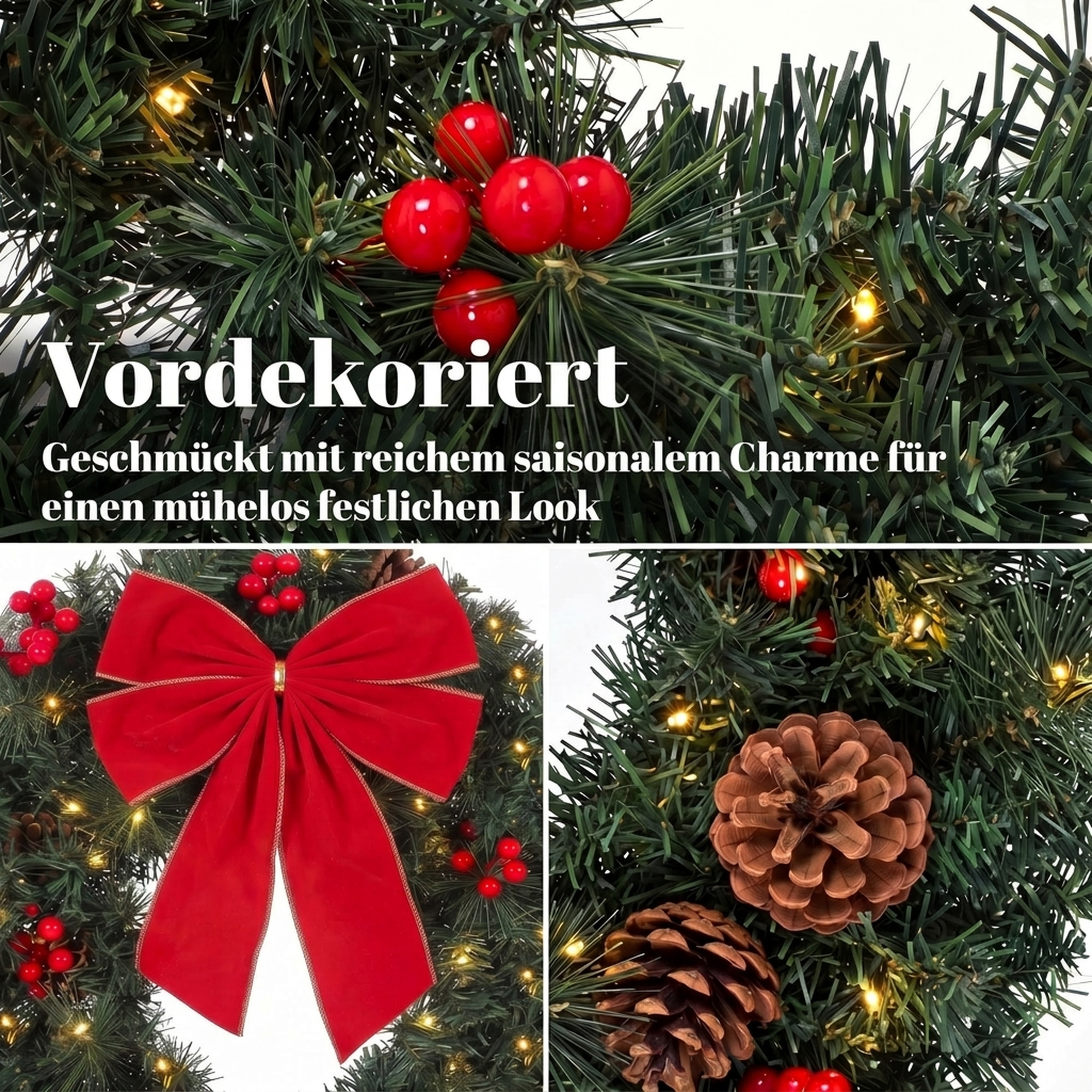 Weihnachtskranz 60 cm Türkranz mit Crestwood-Fichten Design, Schleife, 50 LEDs, 140 Zweigspitzen, 8 Leuchtmodi