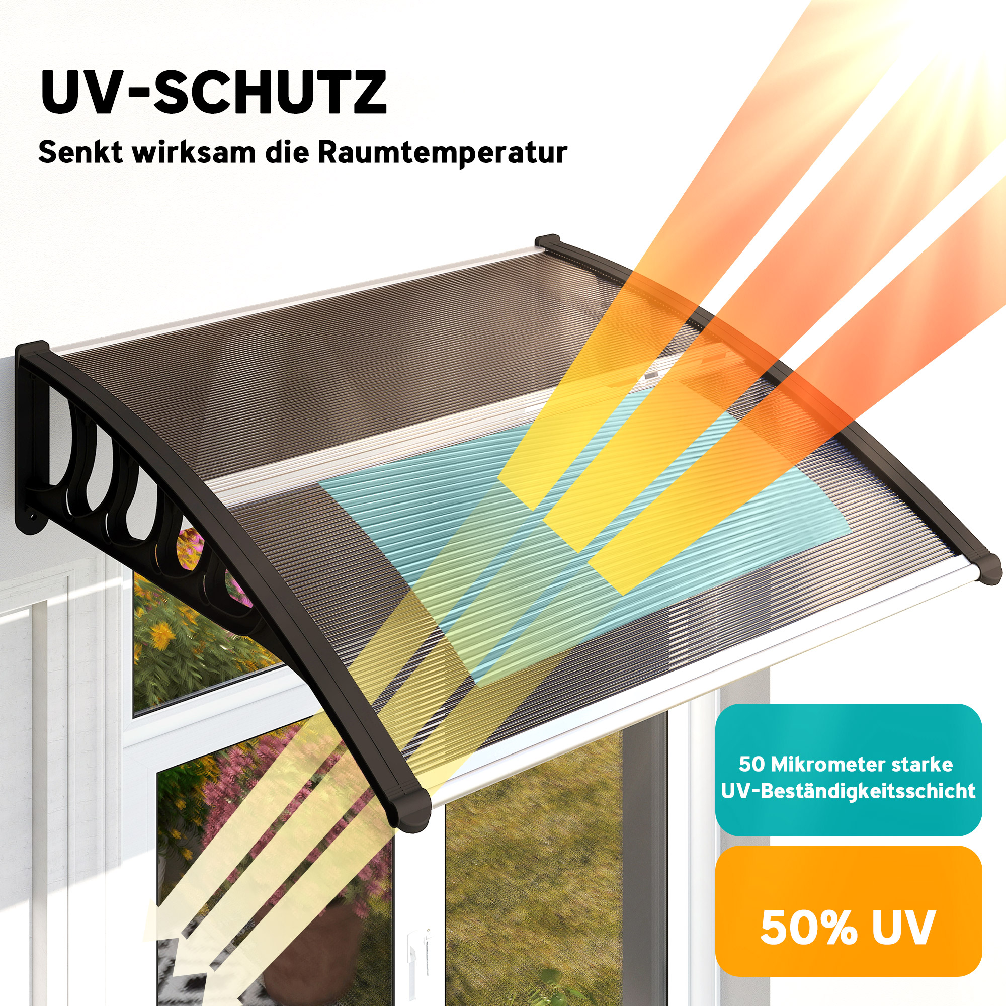 Türüberdachung, Schutz vor Regen, Wind und Hagel, Polycarbonat, Aluminium, 103 x 96,5 x 27 cm, Braun