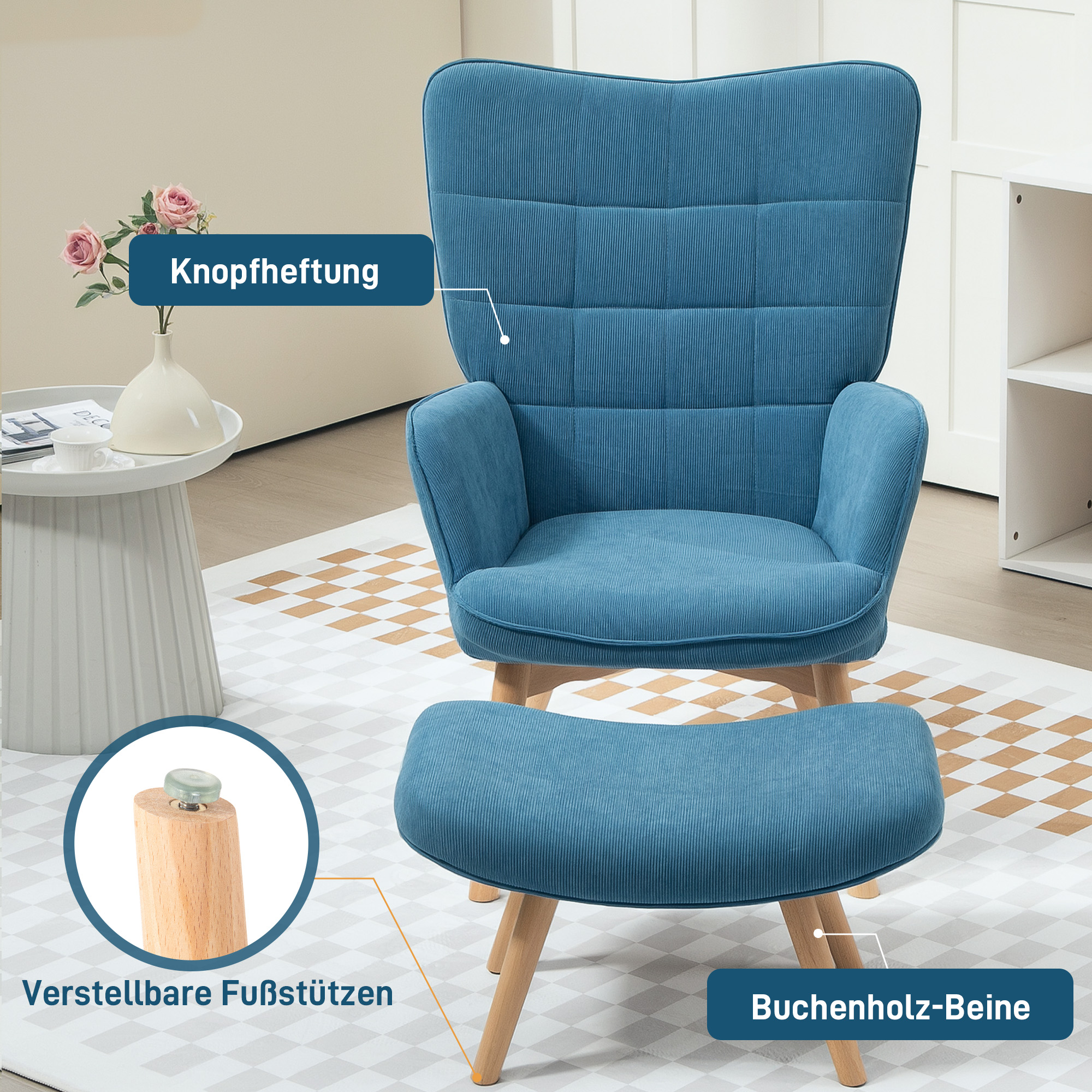 Akzentsessel mit Hocker, Relaxsessel in Cord-Optik, Armlehnstuhl mit Holzbeinen, für Wohnzimmer, Blau