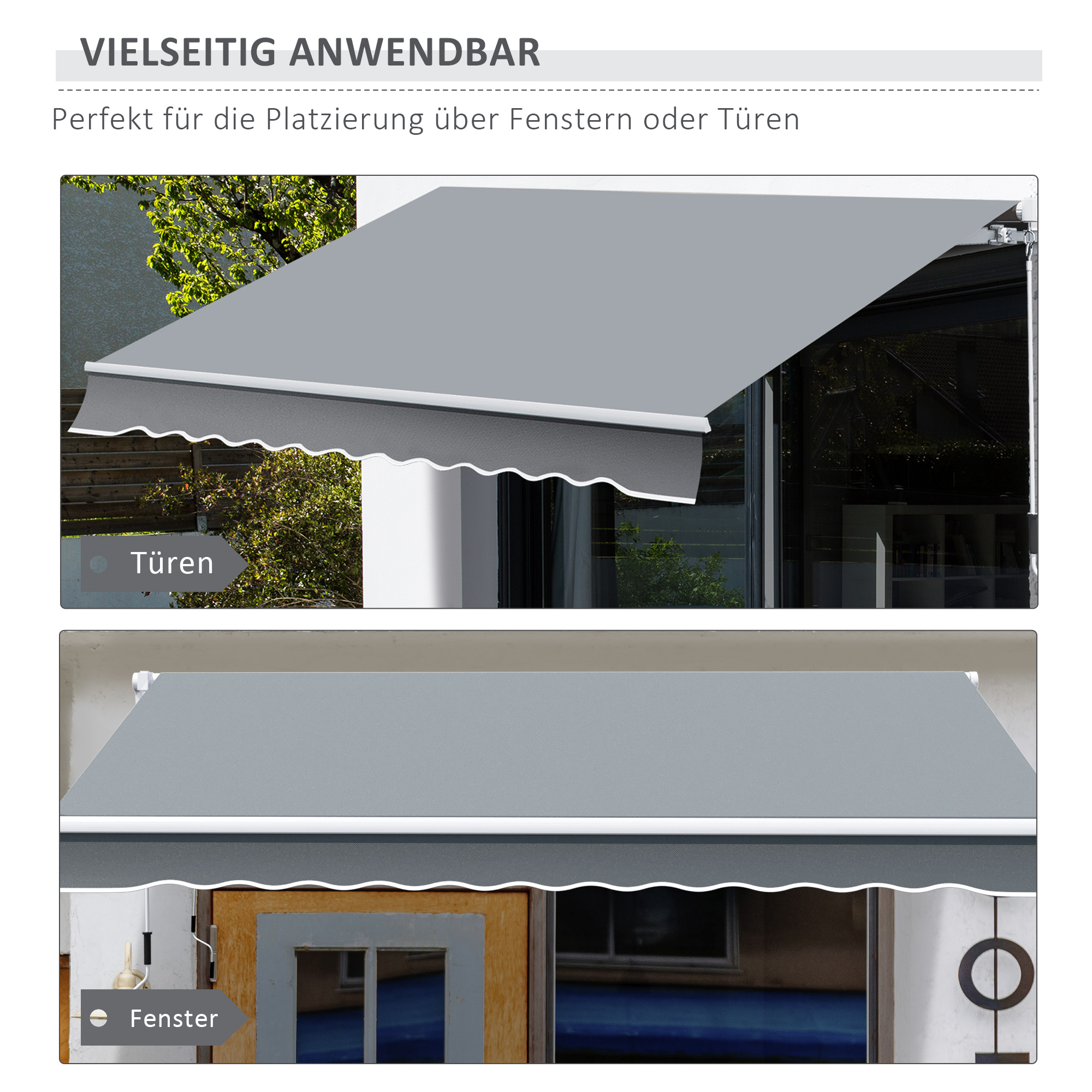 Markise, 3,95 x 2,45 m, Sonnenschutz, einfahrbar, mit Handkurbel, Metallrahmen, Polyester, Grau/Weiß