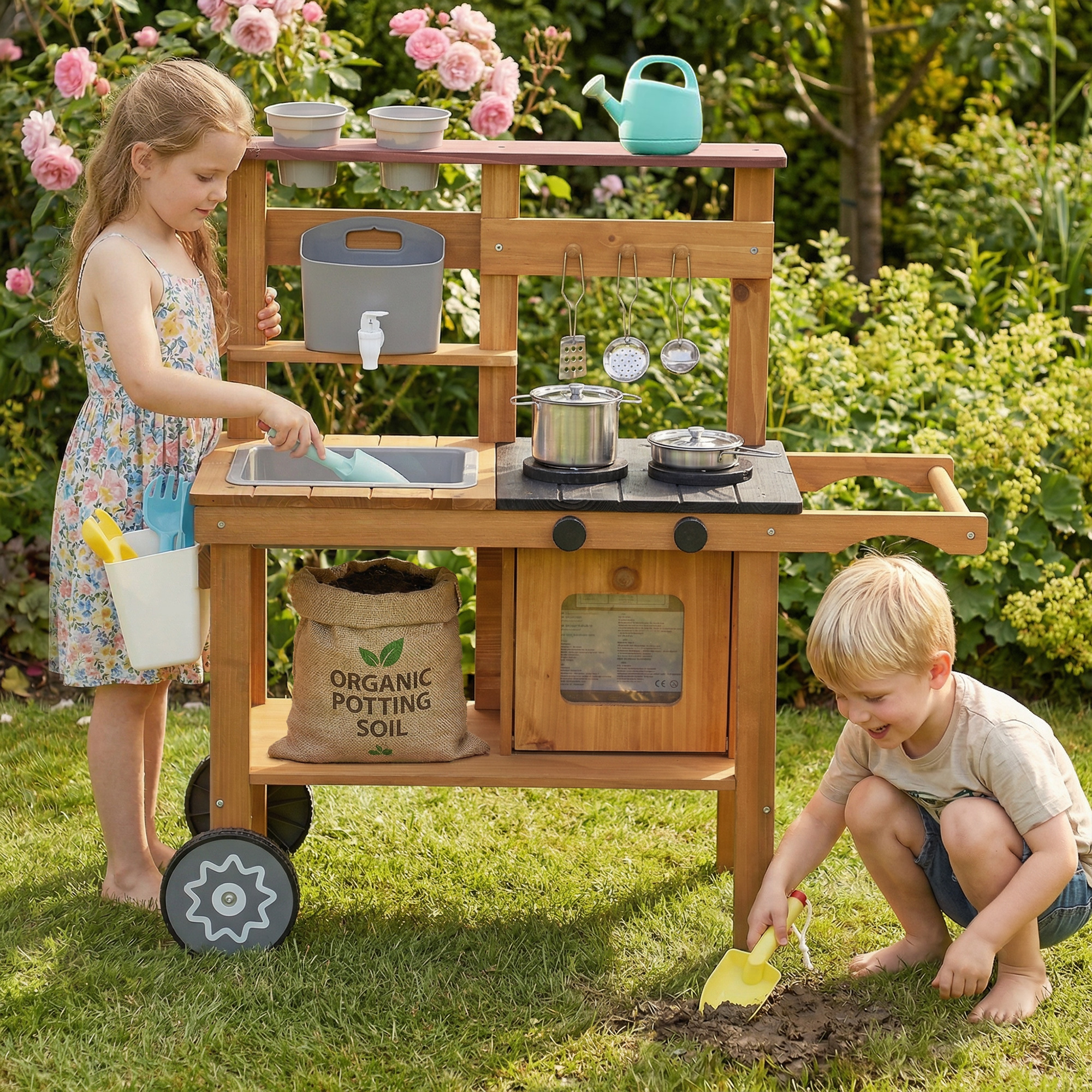 Matschküche Kinder Outdoor Spielküche aus Holz mit Wasserhahn Spüle Pflanzkasten Rädern Stauraum für 3-6 Jahre Braun