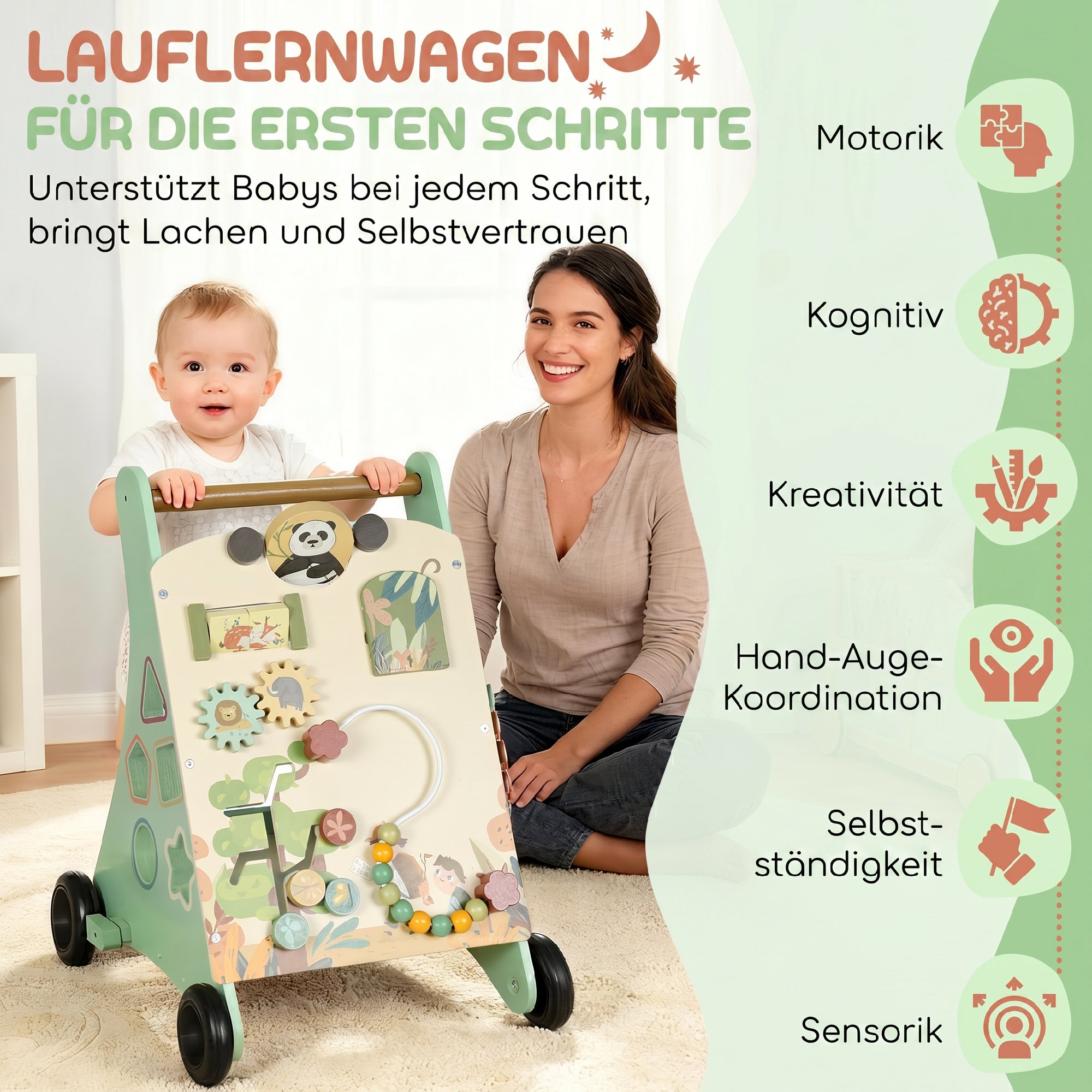 Lauflernwagen Holz Montessori Lauflernhilfe mit Geschwindigkeitskontrolle, Xylophon, Zahnrädern und Perlenlabyrinth Grün