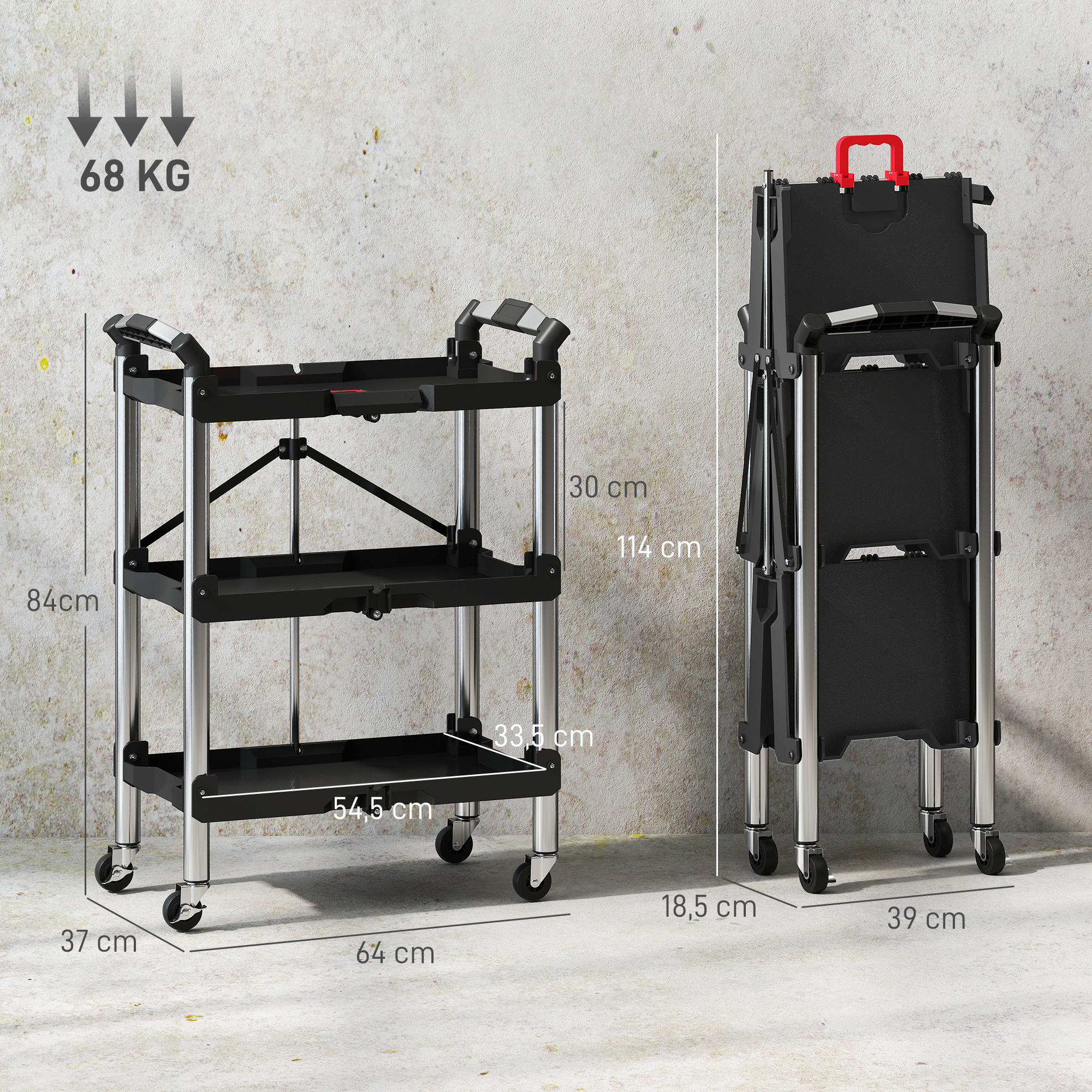 Werkzeug-Trolley, klappbarer 3-stufiger Werkzeugwagen, Kunststoff, Stahl, Schwarz