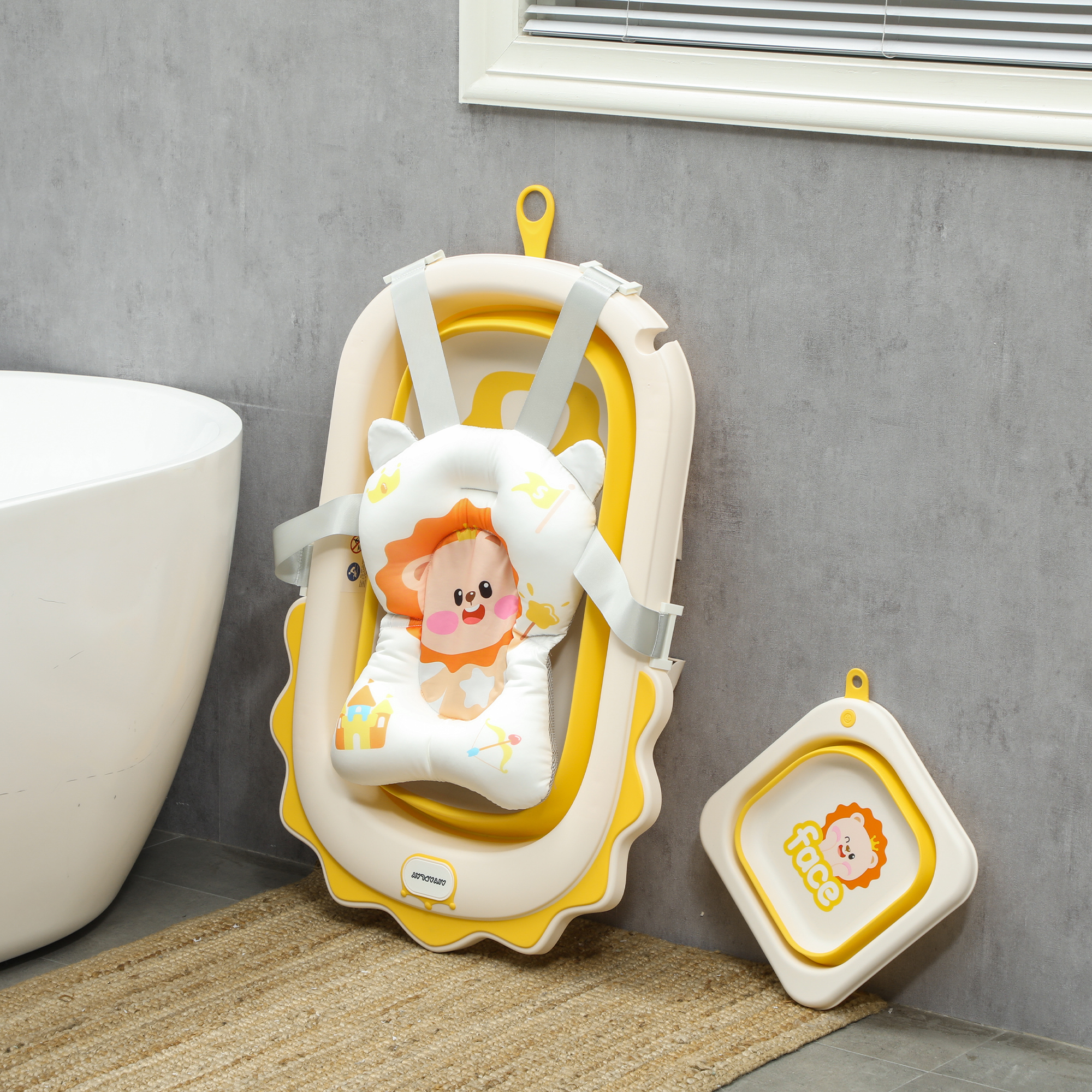 Babybadewanne mit Waschbecken, faltbar, rutschfester Boden, komfortables Badekissen, Gelb