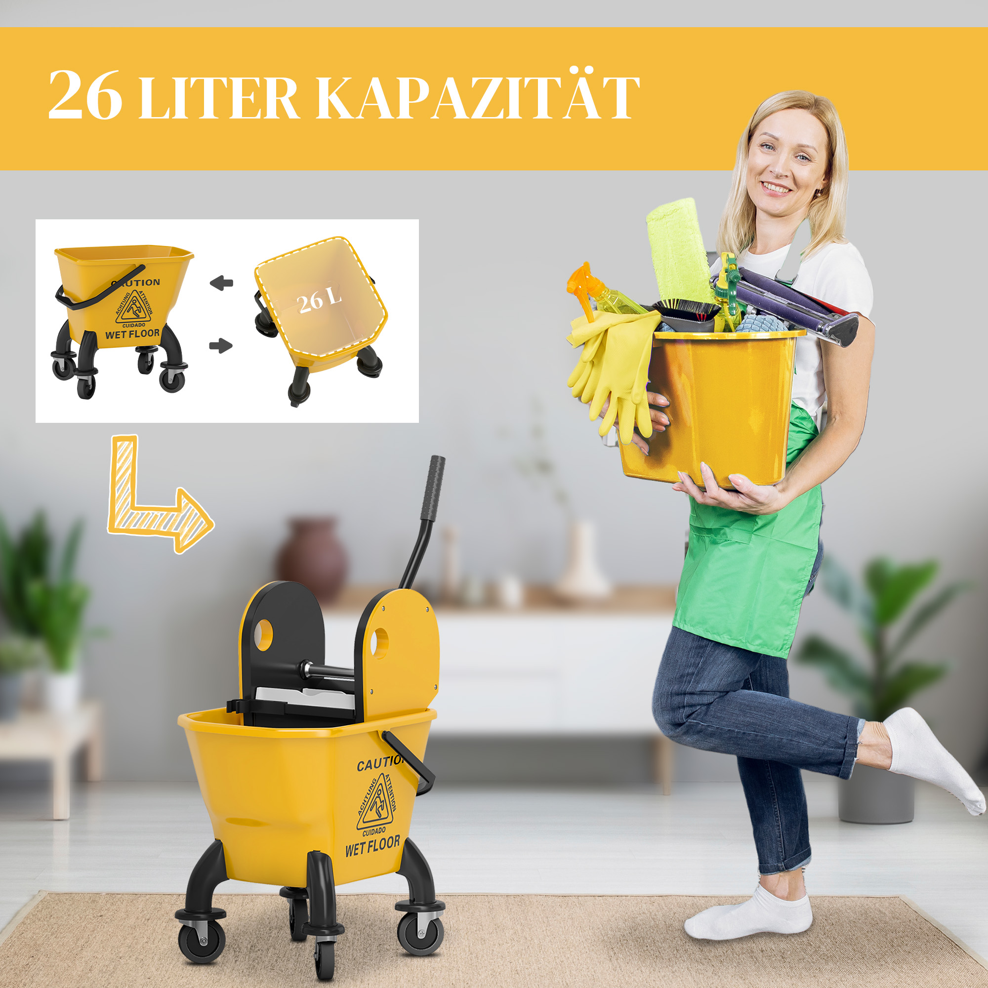 Rollbarer Mopp-Eimer, Wischeimer mit Auswringer und Mopp, 26 Liter, Gelb