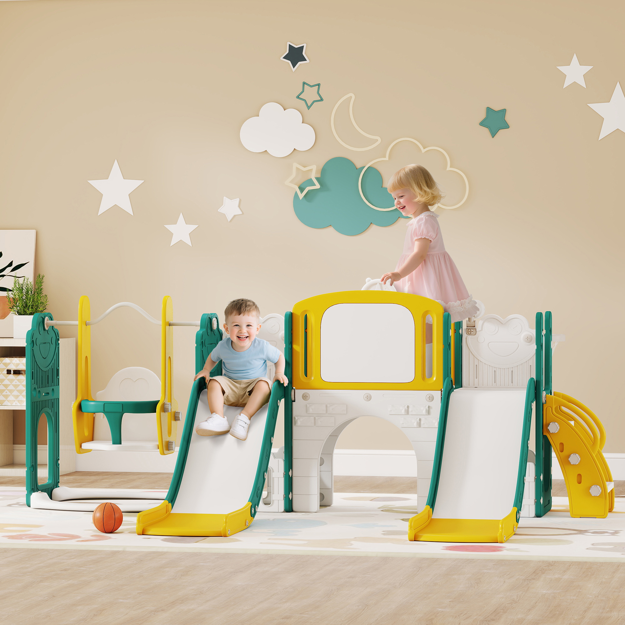 9-in-1 Rutschen- und Schaukelset für Kleinkinder, mit Basketballkorb, Teleskop, Zeichenbrett, Frosch-Design, Gelb+Grün