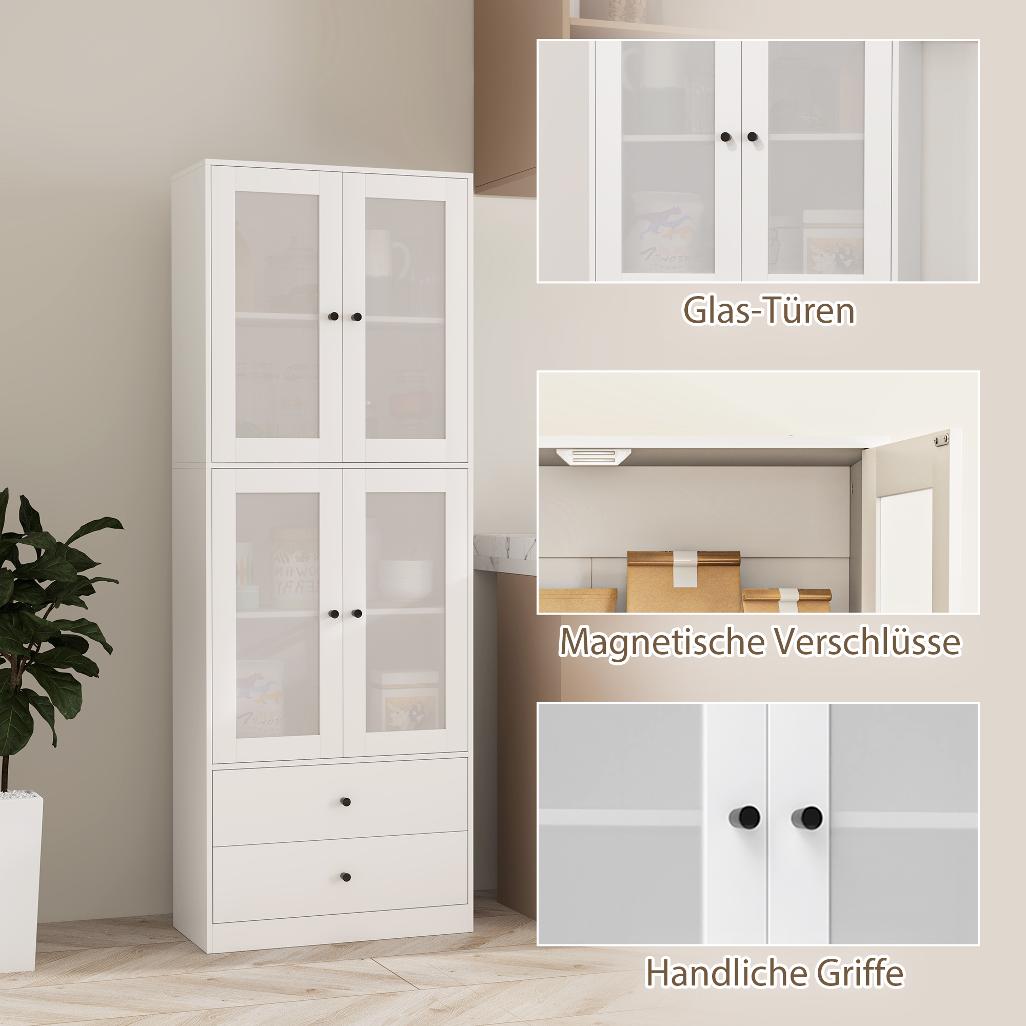 Küchenschrank mit Schubladen und Glastüren, Melamin-Oberfläche, Weiß