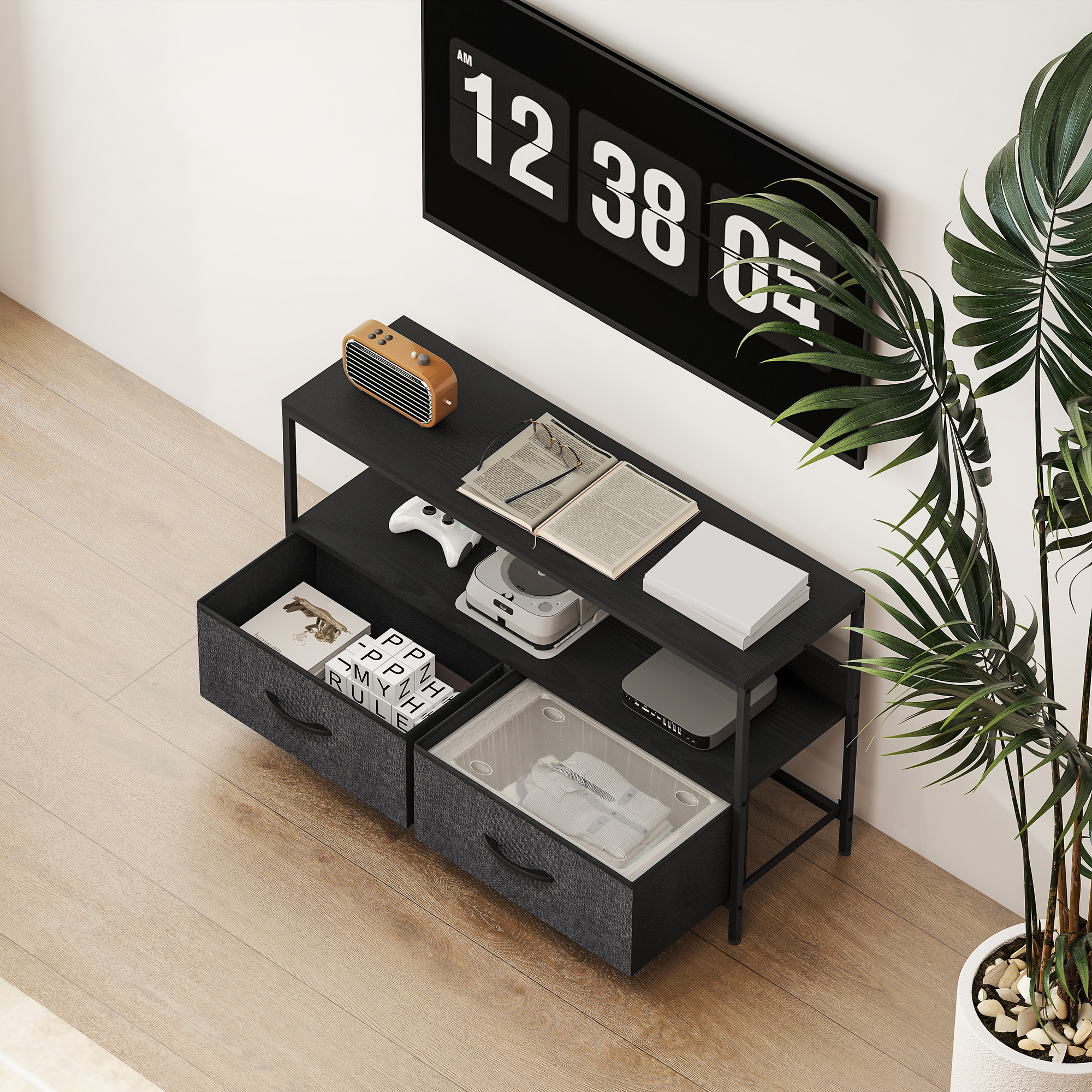 TV Schrank Lowboard mit 2 Schubladen, offenem Fach, für Fernseher bis 47 Zoll, 98 x 29 x 56 cm, Schwarz+Dunkelgrau