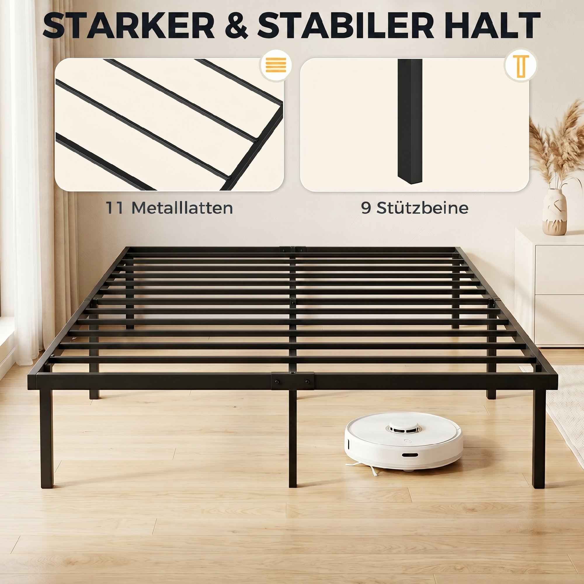 Bettgestell, 140 x 200 cm Metallbett mit Stauraum unter dem Bett, Metallgestell mit Lattenrost, kein Boxspring nötig