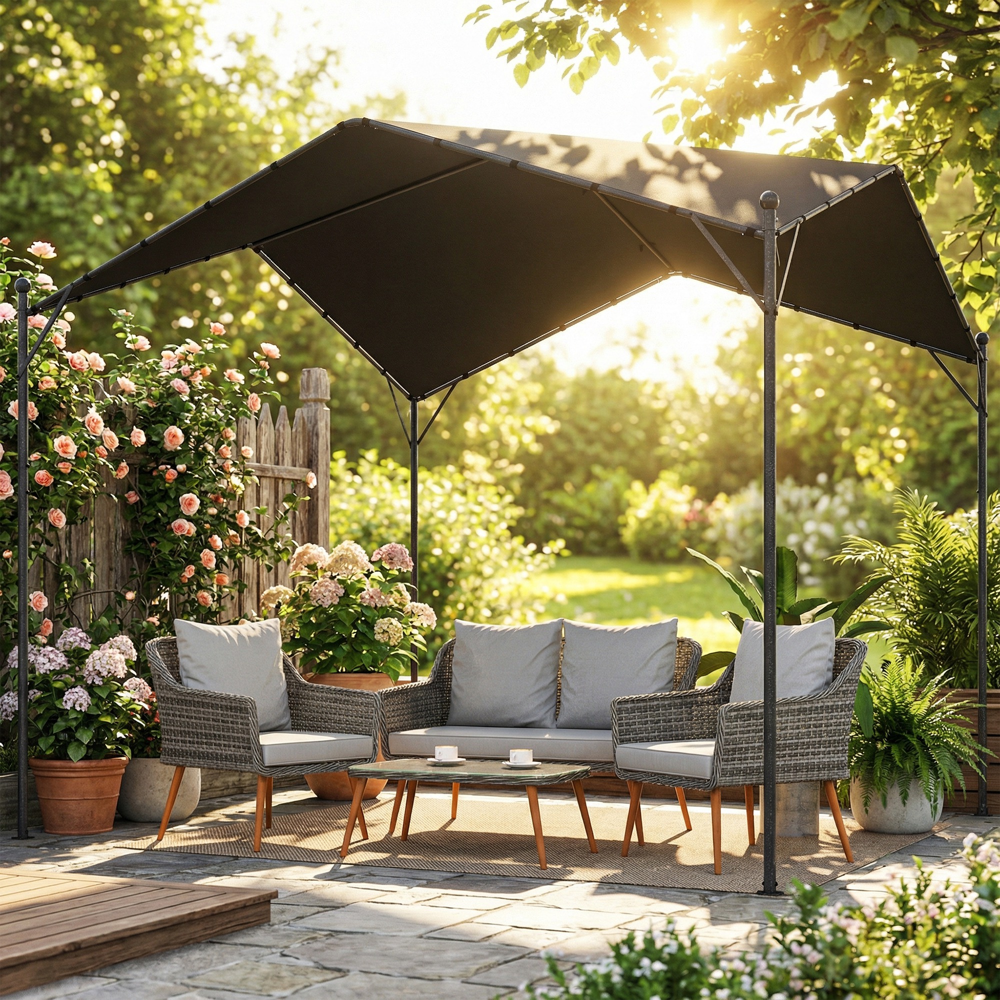 Pergola Pavillon 3x3m Wasserabweisend Stabil winterfest Sonnenschutz mit Satteldach Dreiecksverstrebungen