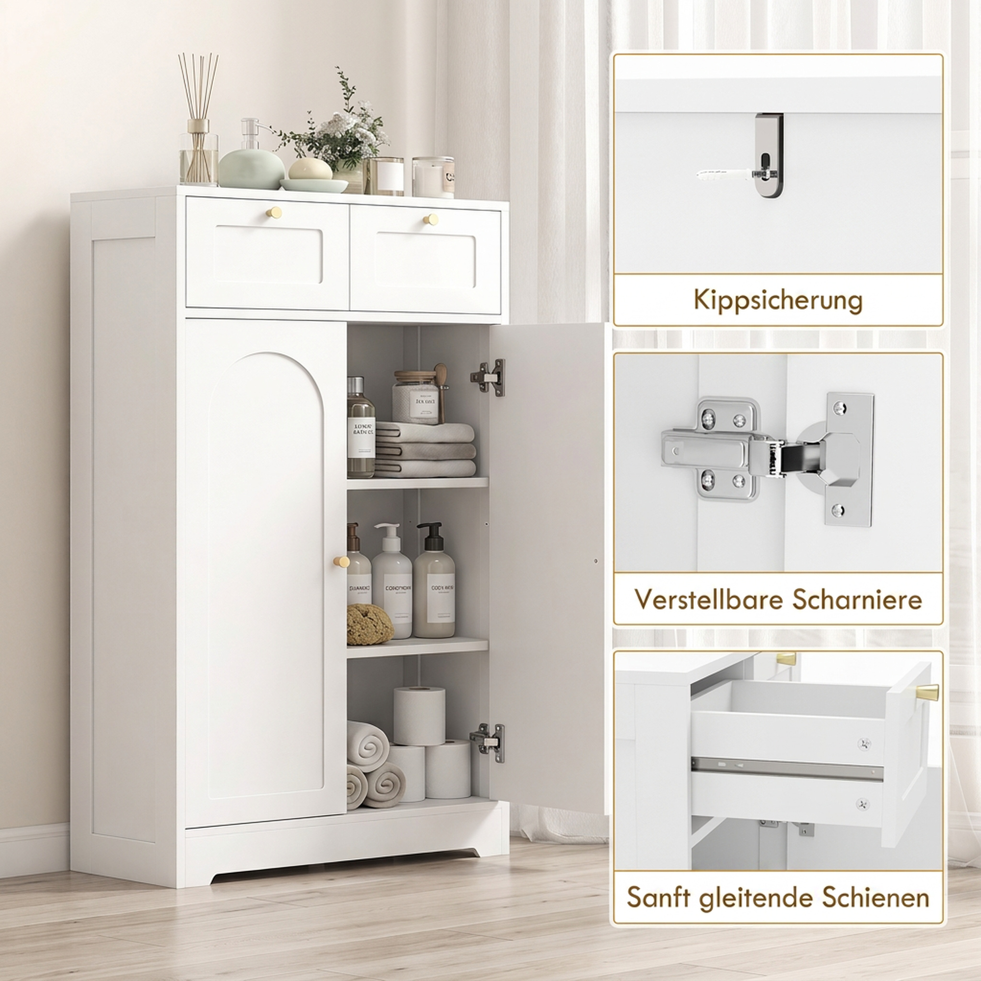 Badezimmerschrank Badschrank schmal mit 2 Schubladen, verstellbarem Einlegeboden 60 x 30 x 108 cm Weiß