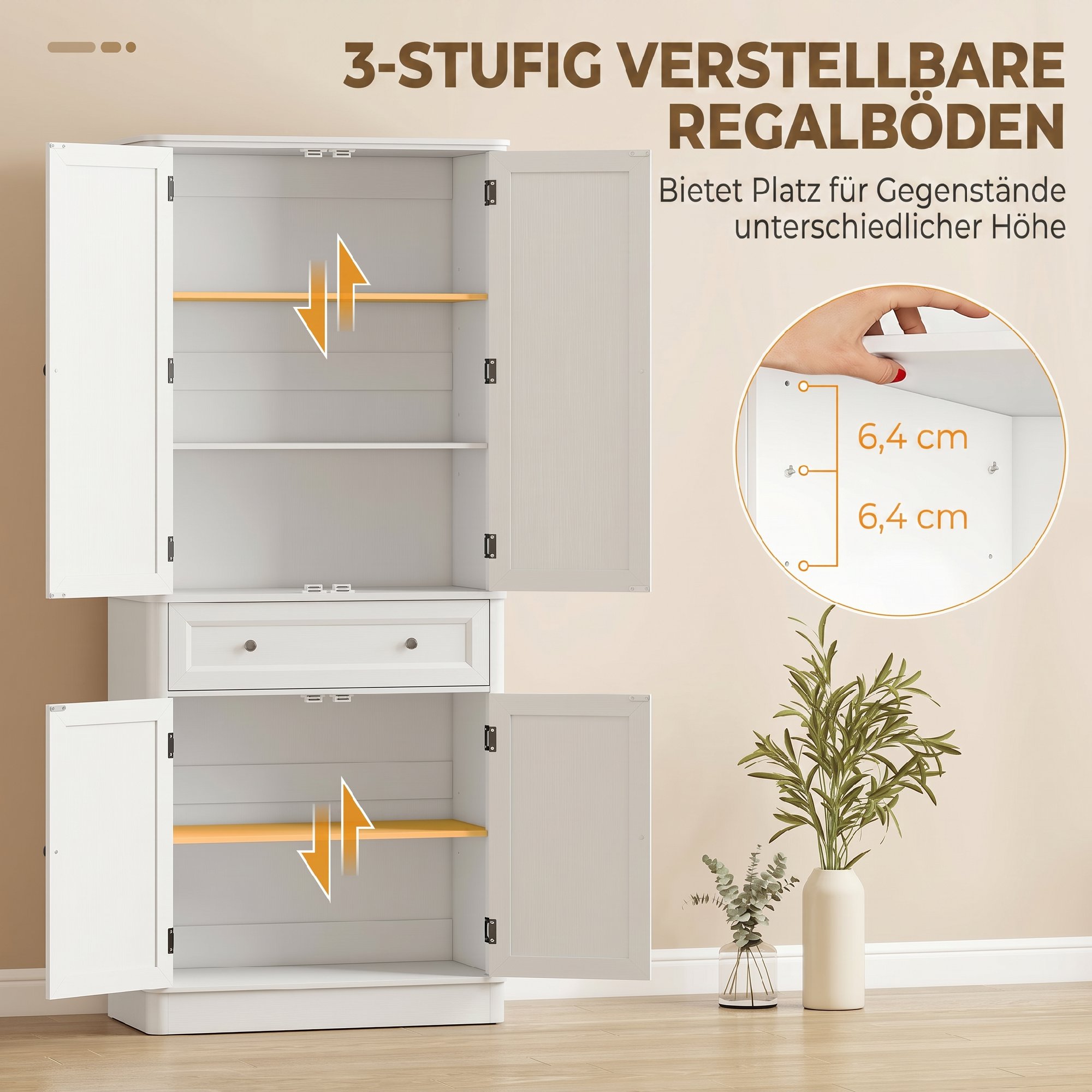 Küchenschrank mit 4 Türen, Schublade und verstellbaren Einlegeböden für Küche, 80 x 39,5 x 186,4 cm Weiß