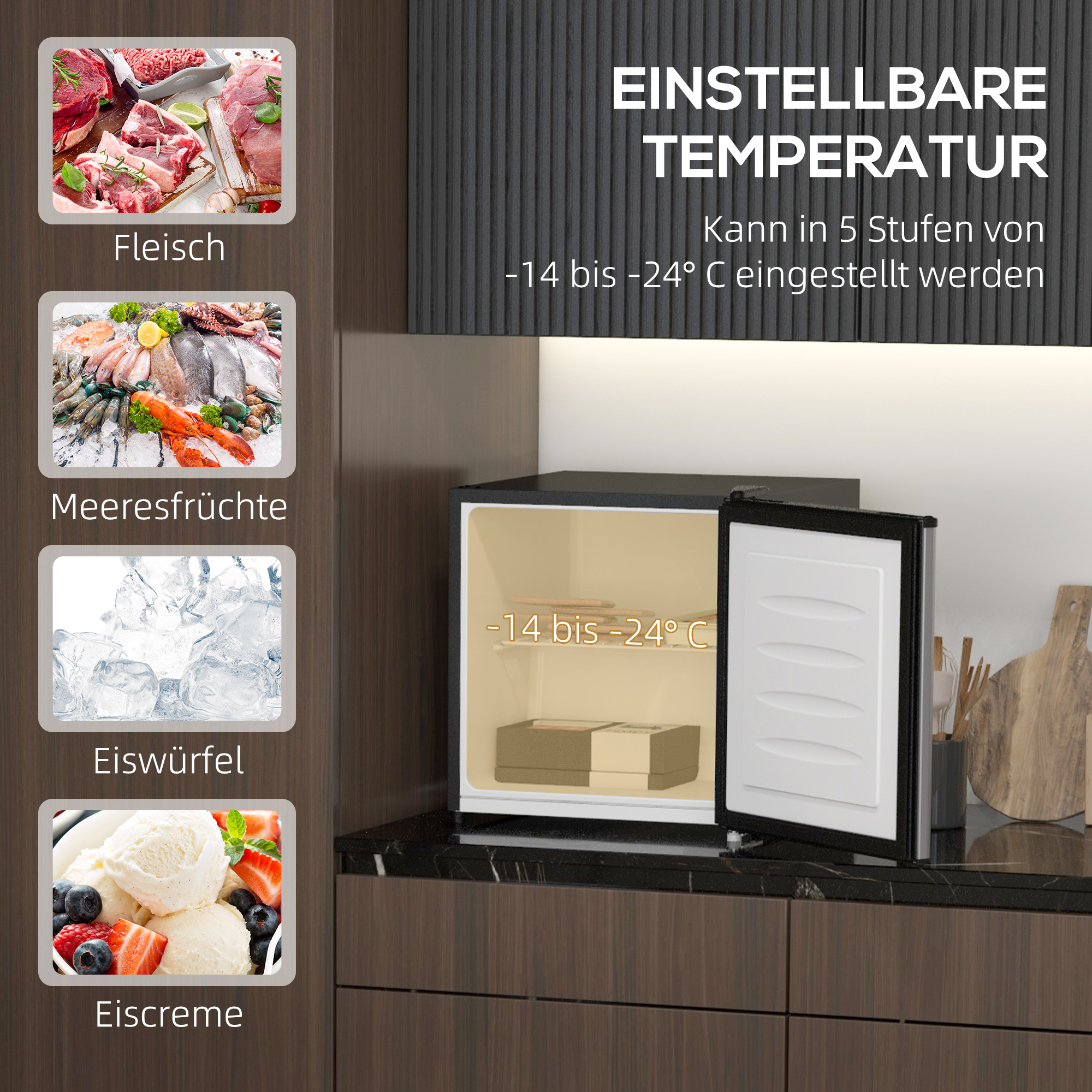 Mini-Gefrierschrank, 35 L Minikühlschrank, -14 bis -24?, 5-stufige Temperaturregelung, 47 x 44,2 x 48,8 cm, Silber