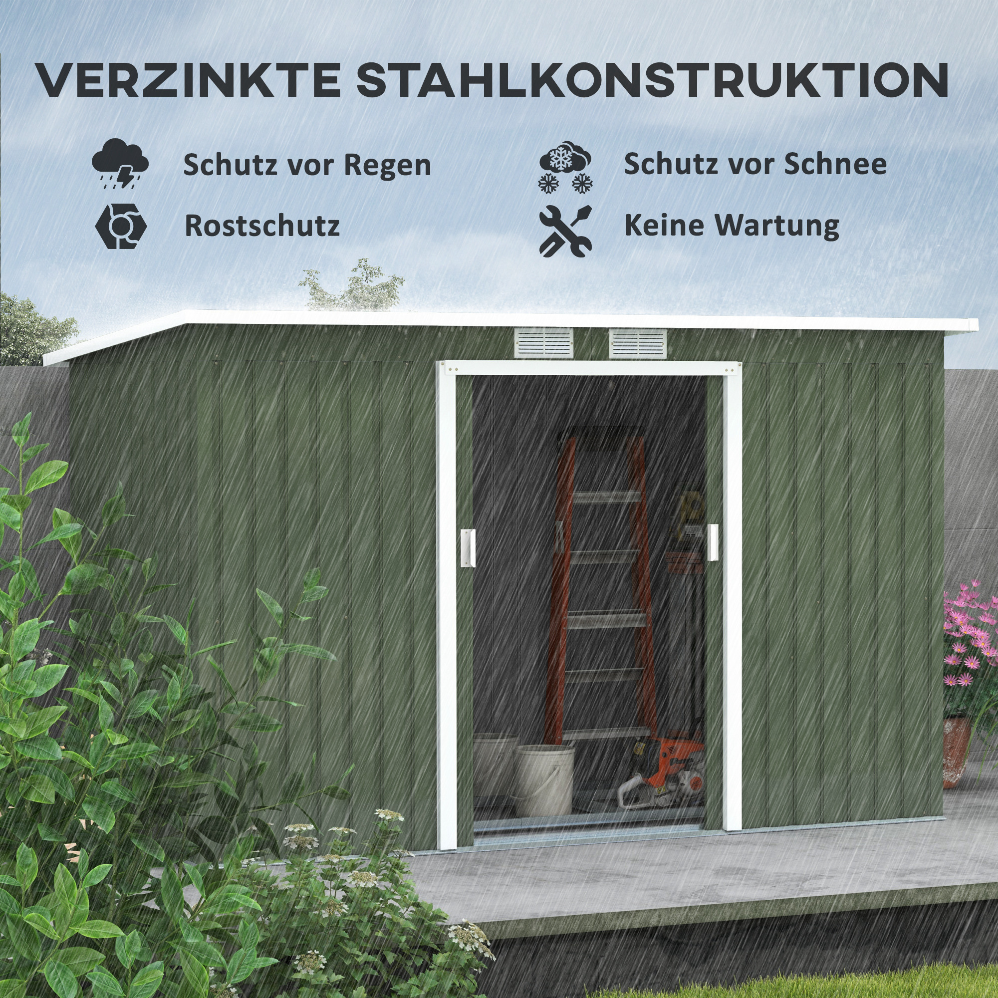 Metall Gerätehaus 6,3m³ 280x130x172cm Geräteschuppen mit Pultdach Schiebetür wetterfest Gartenhaus Outdoor Garten Schuppen Schrank für Hinterhof Außenbereich Anthrazit, Hellgrün