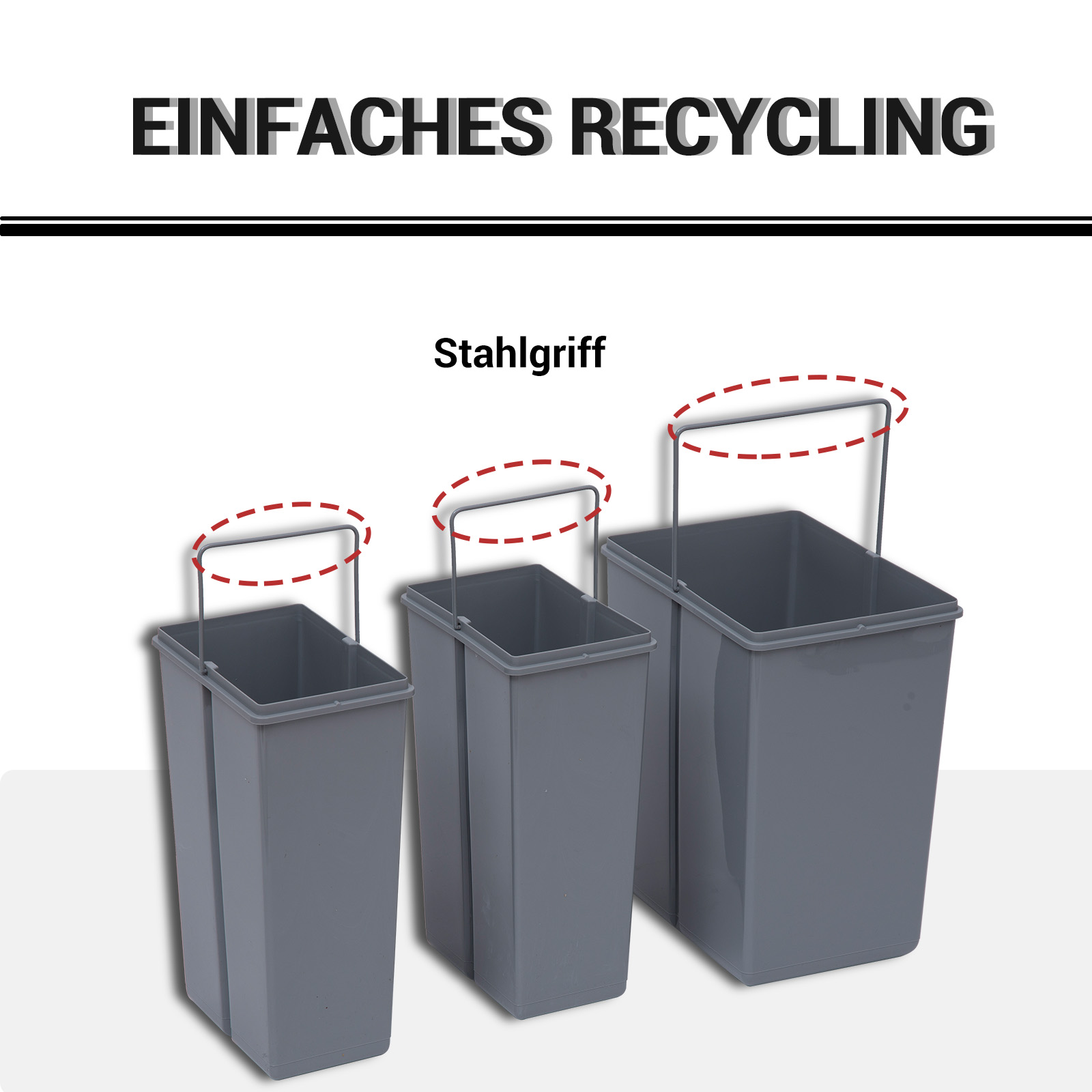 Mülleimer-Konstruktion mit 3 Abfalleimern zur Mülltrennung, Schienensystem, einbaubar, 3er-Set Müllbehälter, Grau