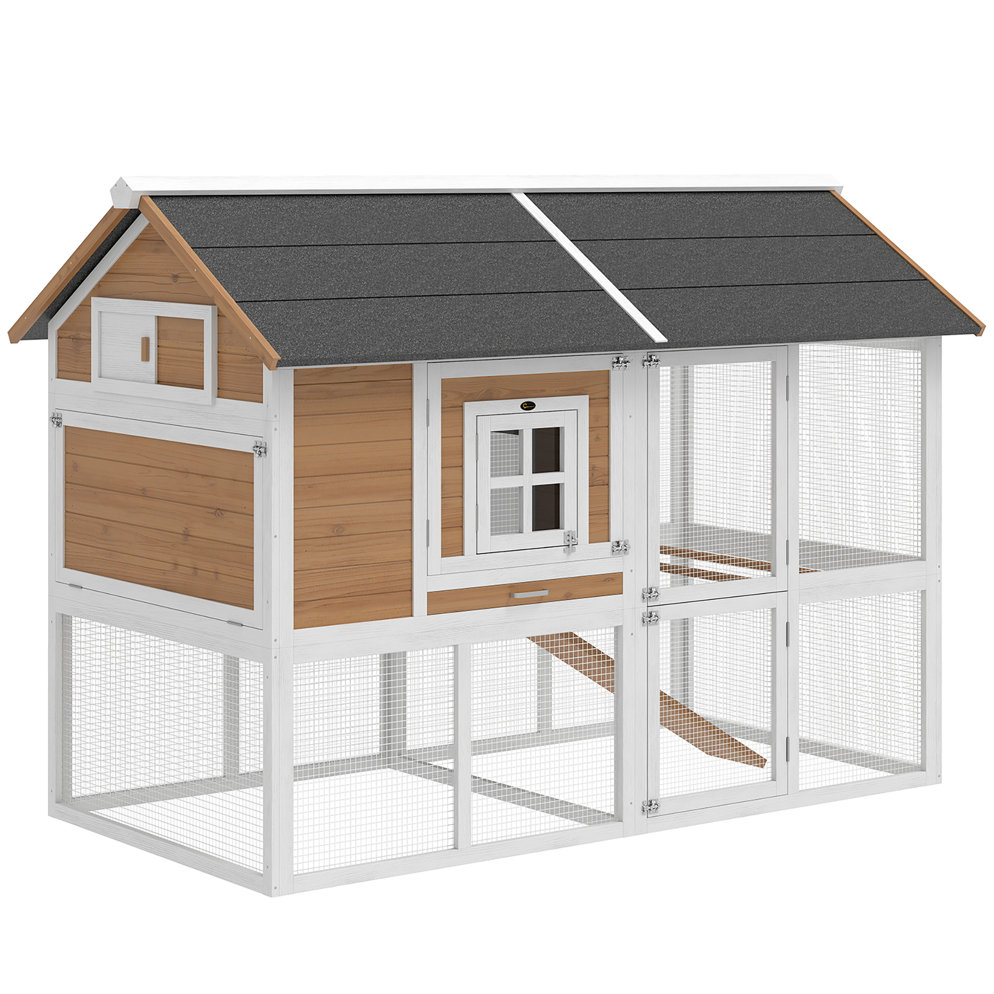 Hühnerstall Hühnerhaus mit Auslauf Nistkasten herausziehbarem Tablett Asphaltdach für 4 Hühner 200x104x145cm Holz Braun