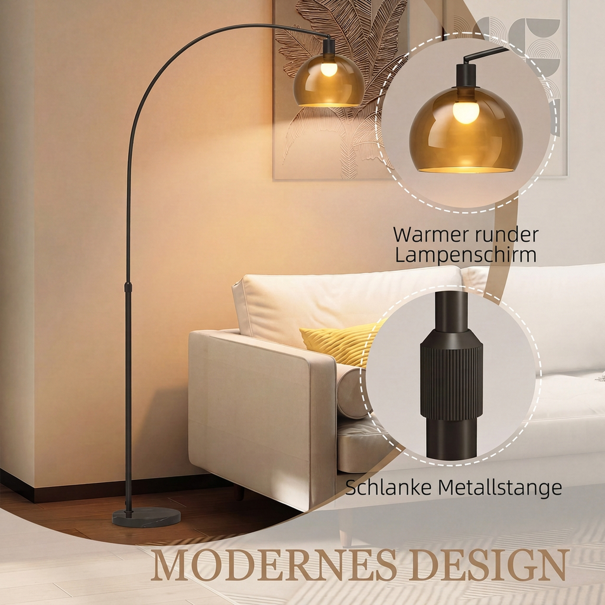 Stehlampe, gebogener Kopf, Fußschalter, Marmorsockel, Kunststoffschirm, Grau