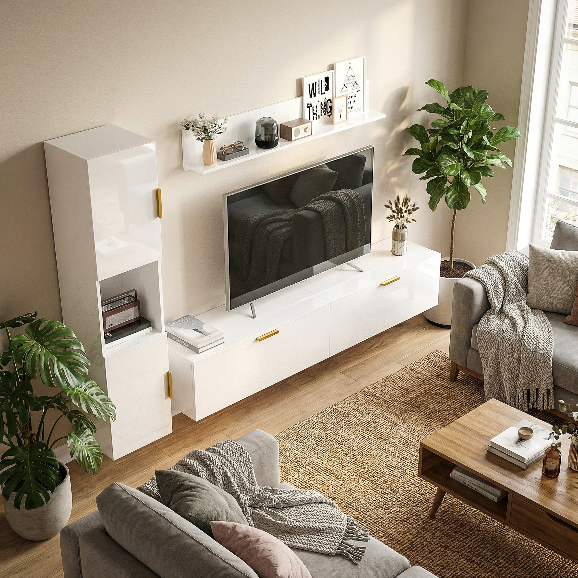 Schwebendes TV-Board mit Klapptüren Entertainment-Center Wandregal Schrank 180 cm Hochglanz Weiß