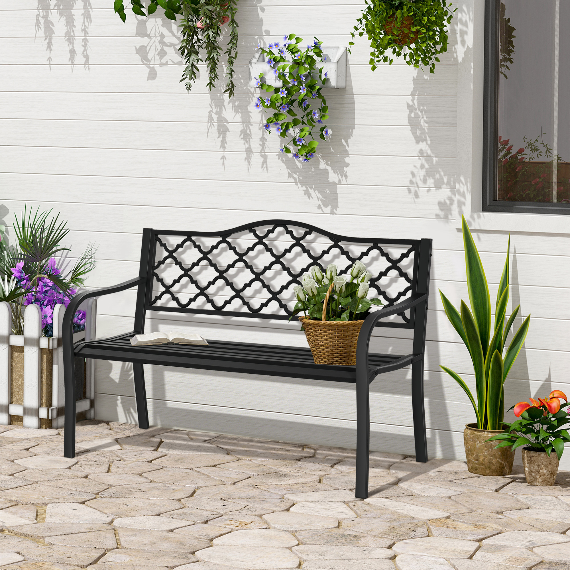 Gartenbank 2-Sitzer Parkbank aus Metall Sitzbank bis 240 kg Bank Terrassenbank mit Rücken- & Armlehnen Gartenmöbel Gusseisen Schwarz 128 x 58,5 x 89 cm