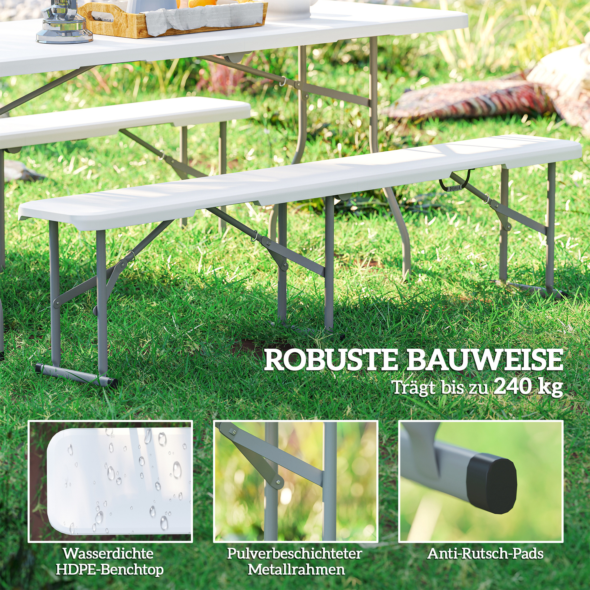Campingbank, Kunststoff-Outdoor-Bank, 240 kg Belastbarkeit, Weiß