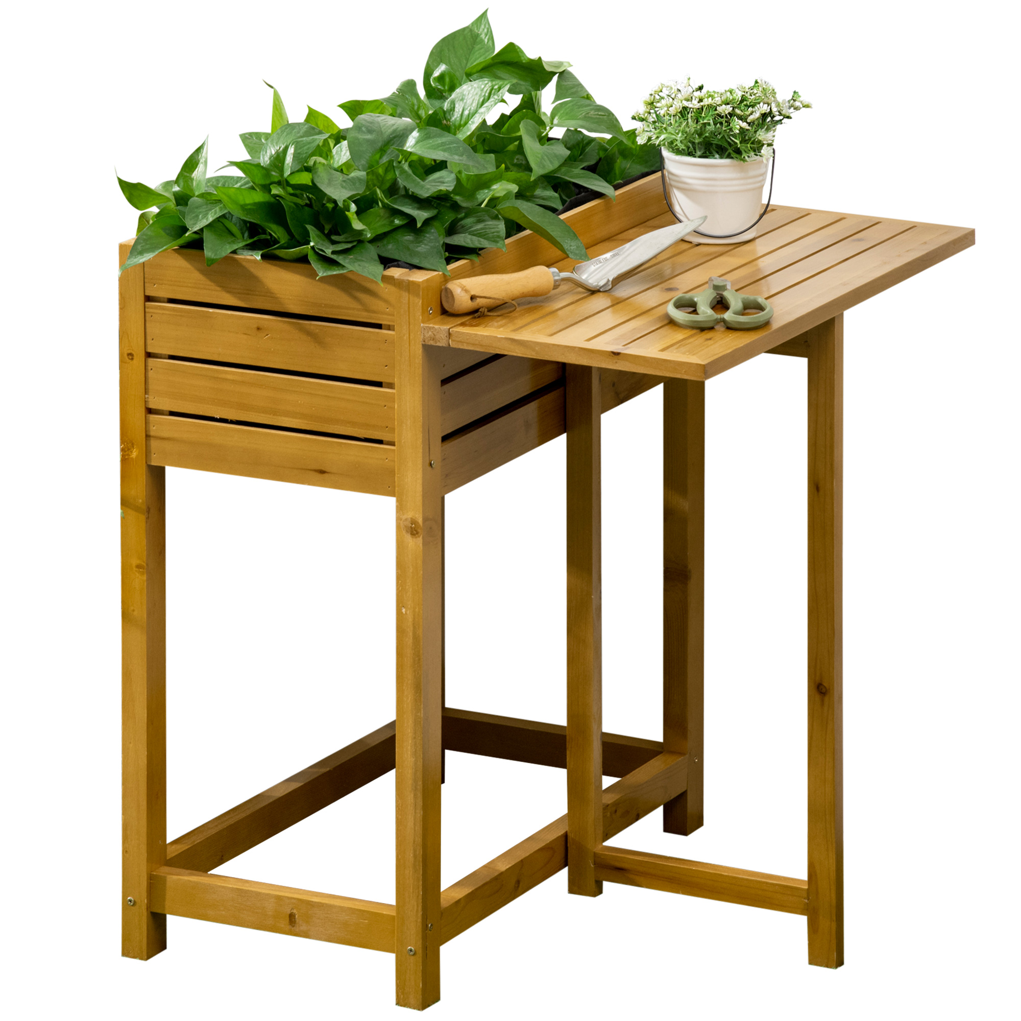 Hochbeet mit klappbarer Arbeitsfläche, lackiertes Massivholz, Innenverkleidung aus Vlies, 64cm x 63cm x 74,5cm