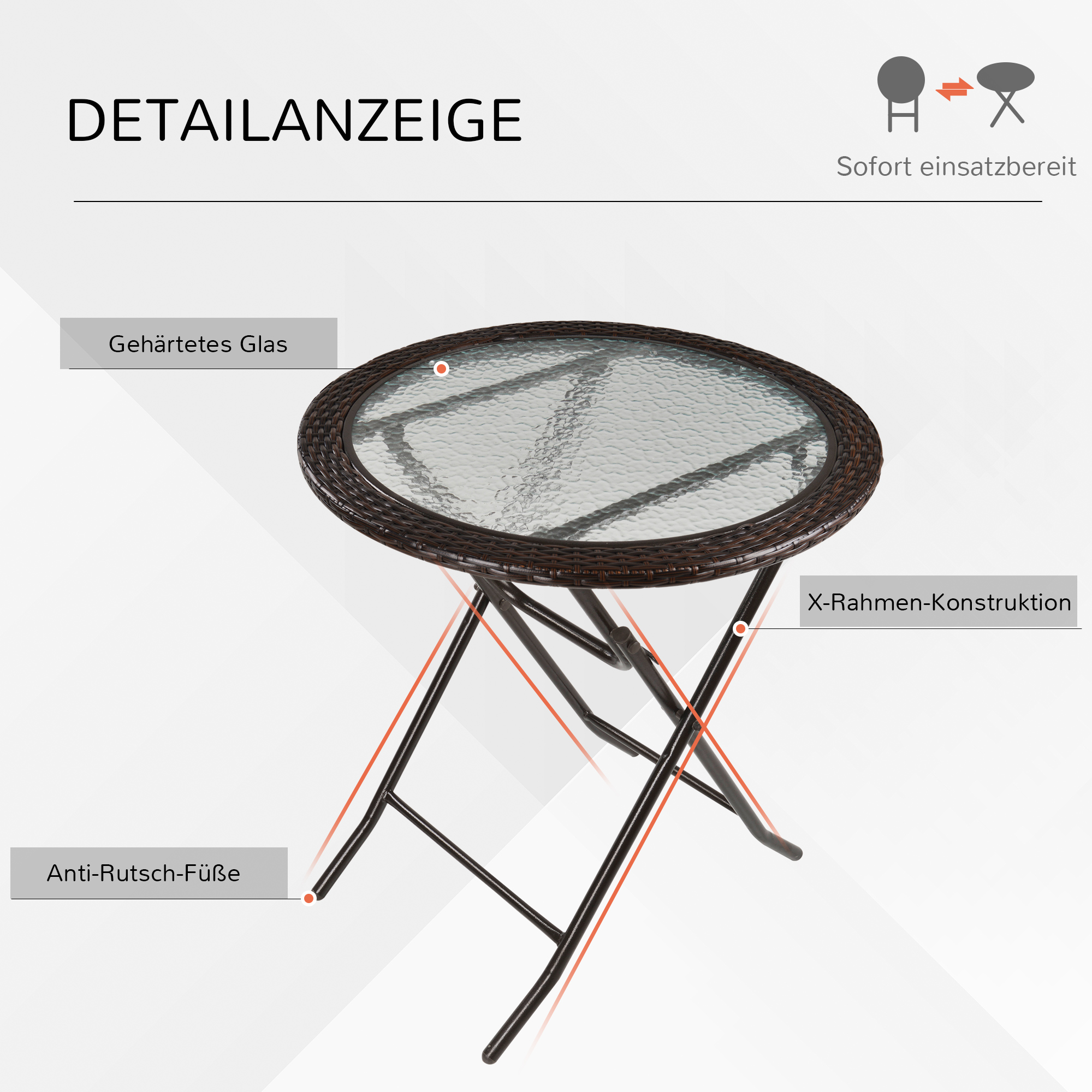 Gartentisch, klappbar, Hartglastischplatte, Stahlrahmen, Rattan-Dekor, braun, 68 x 68 x 73 cm
