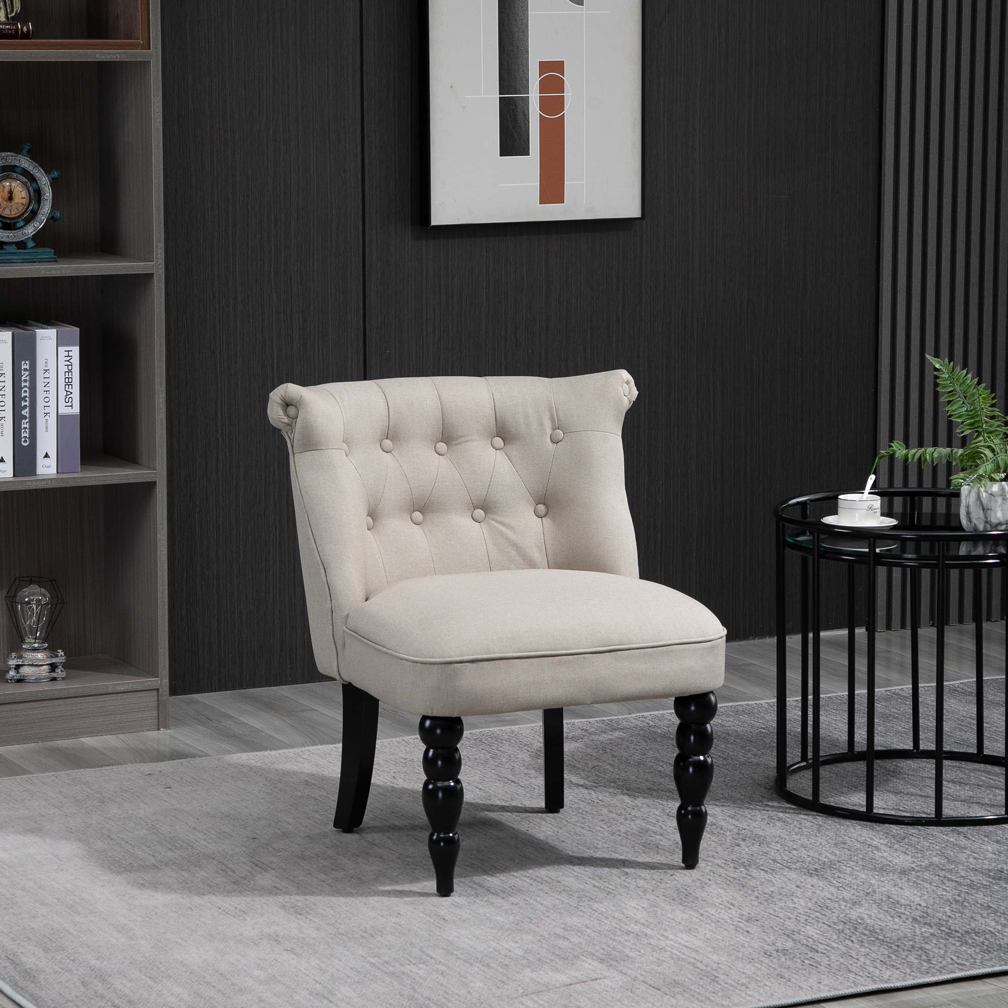 Relaxsessel Vintage Ruhesessel Relaxstuhl Polstersessel Esszimmerstuhl Leinenbezug Holzgestell Beige+Schwarz 67 x 67 x 78 cm