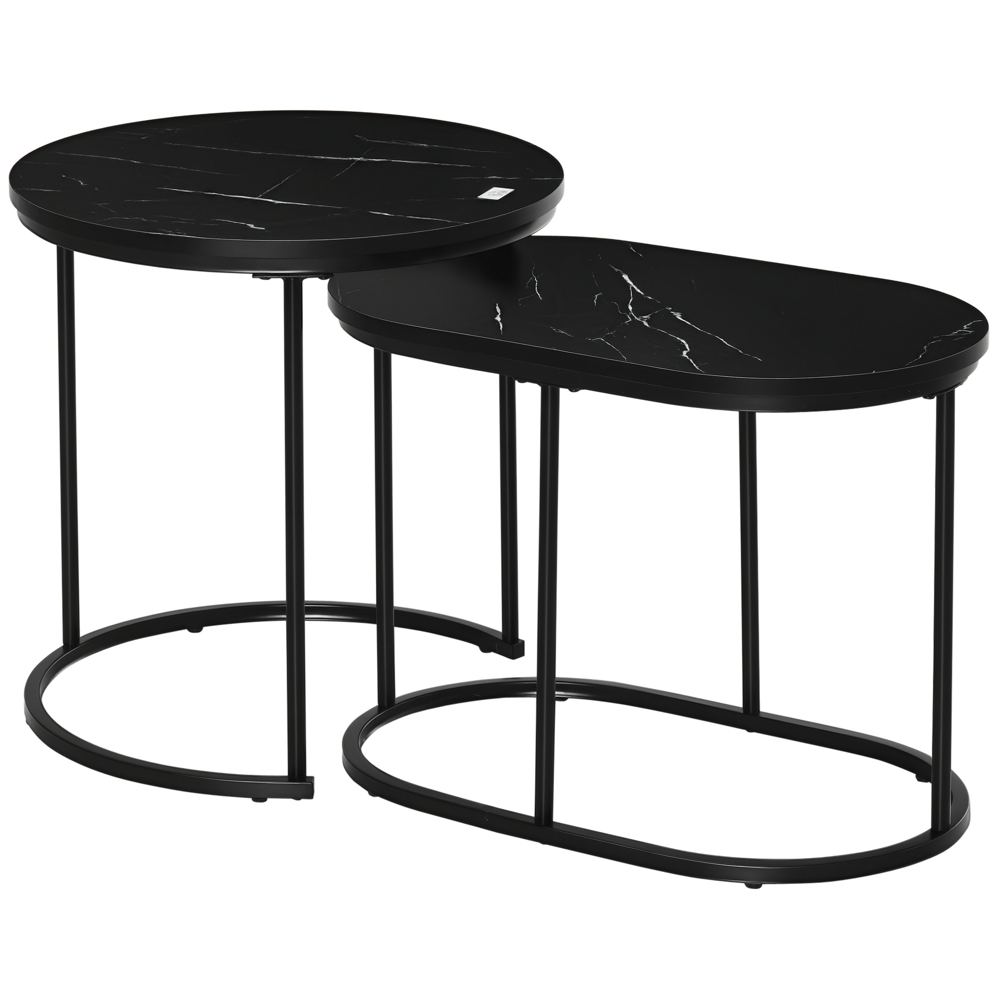 2er-Set Couchtisch, Ovaler und runder Kaffeetisch, stapelbar, Marmoroptik, MDF, Metall, Ø50 x 50,5H cm, Schwarz