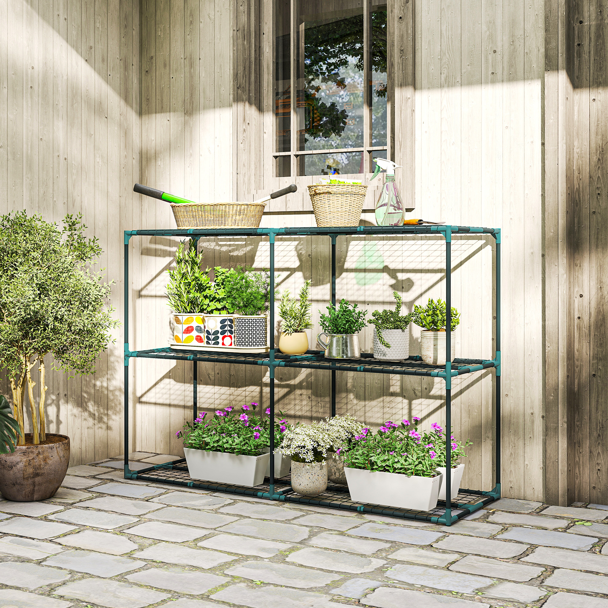 3-Etagen Pflanzenständer, 100 cm hoch Blumenständer mit Regalböden, mehrstöckig Stahl Dunkelgrün
