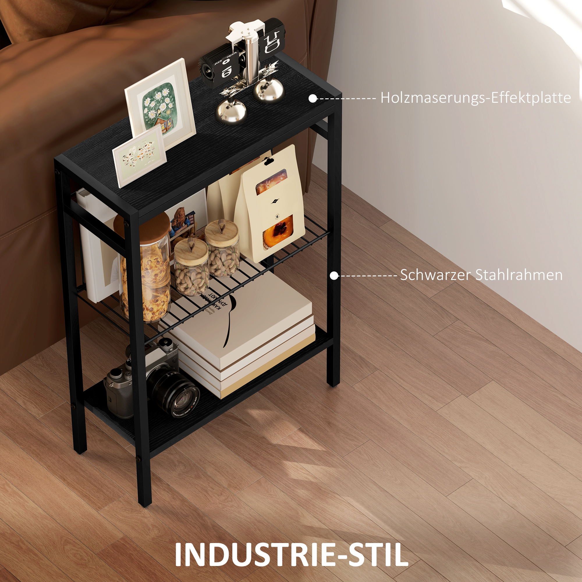 Beistelltisch, 3-stufiges Design, Regale in Holzoptik, Metallrahmen, Schwarz