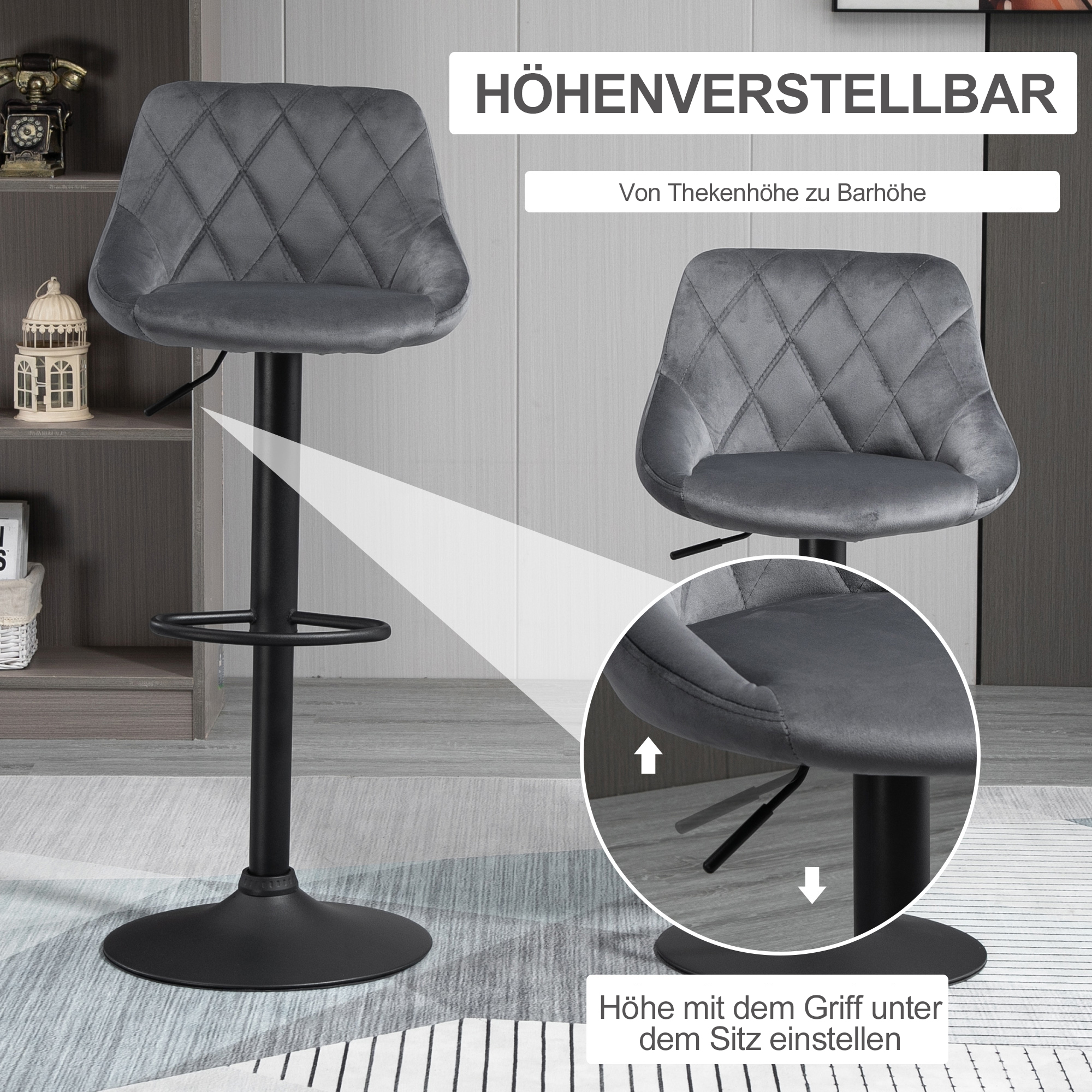 2er-Set Barhocker, höhenverstellbarer Barstuhl mit Lehne, Samtoptik, Metallgestell, Fußstütze, drehbare, Dunkelgrau