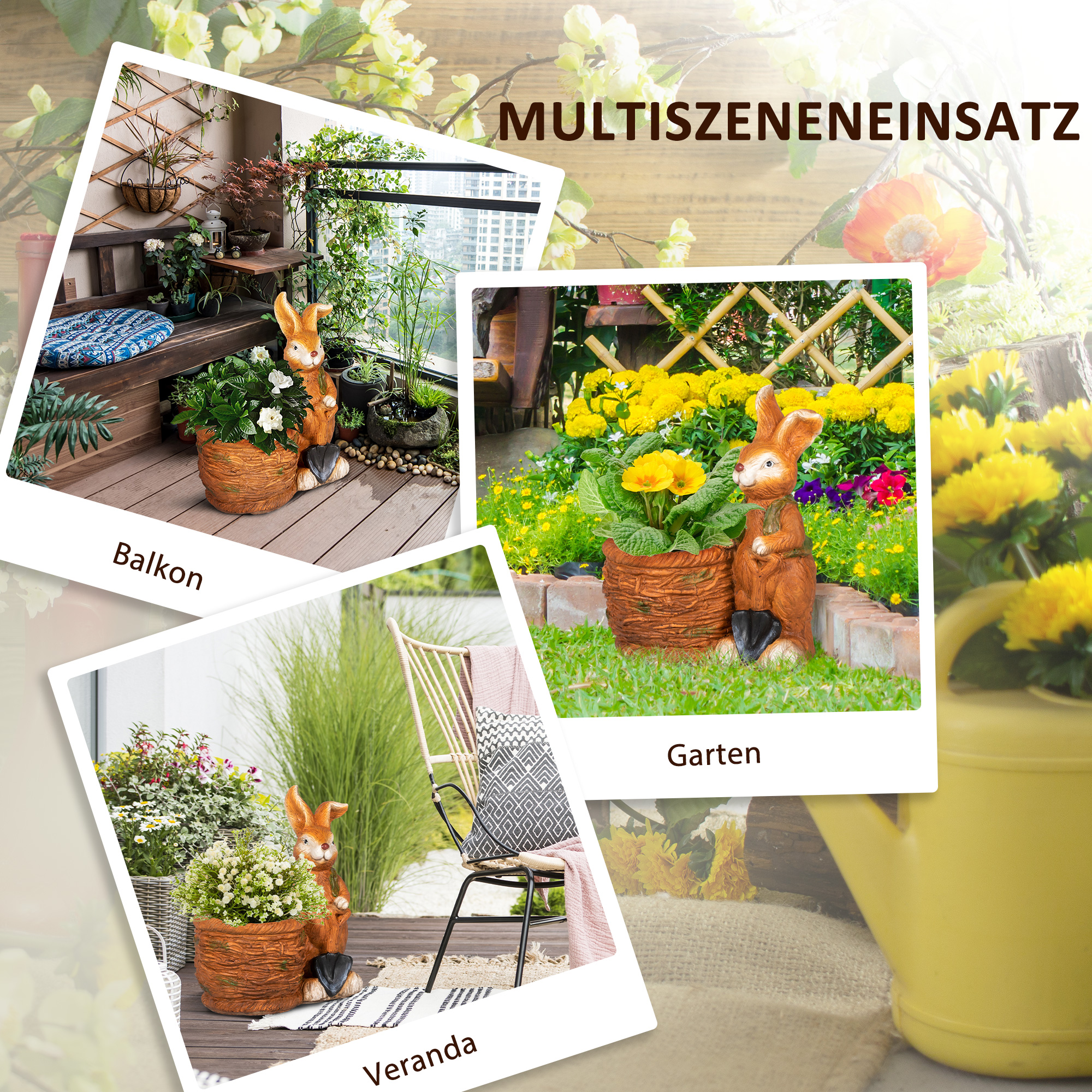 Blumentopf, Hase mit Weidenkorb, wetterfest, 45x27x50cm, Braun