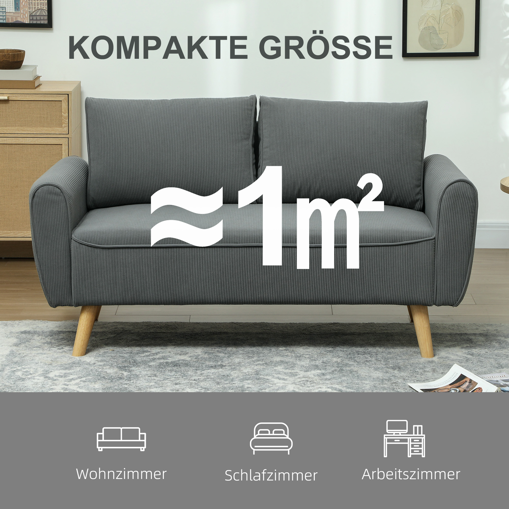 Zweisitzer-Sofa, Stoffcouch, 2 Rückenkissen, Cordbezug, 145 x 75 x 78 cm, Anthrazit