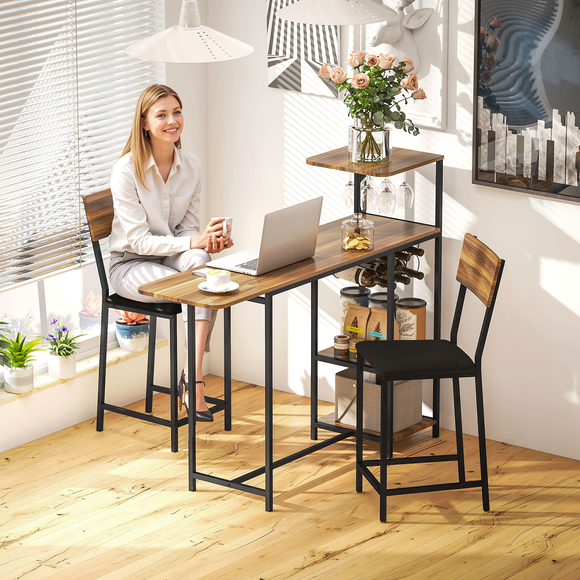 3-teiliges Bartisch-Set, 1 Bartisch, 2 Stühle, mit Weinregal, Glashalter, Offene Regale, Fußstützen, Braun