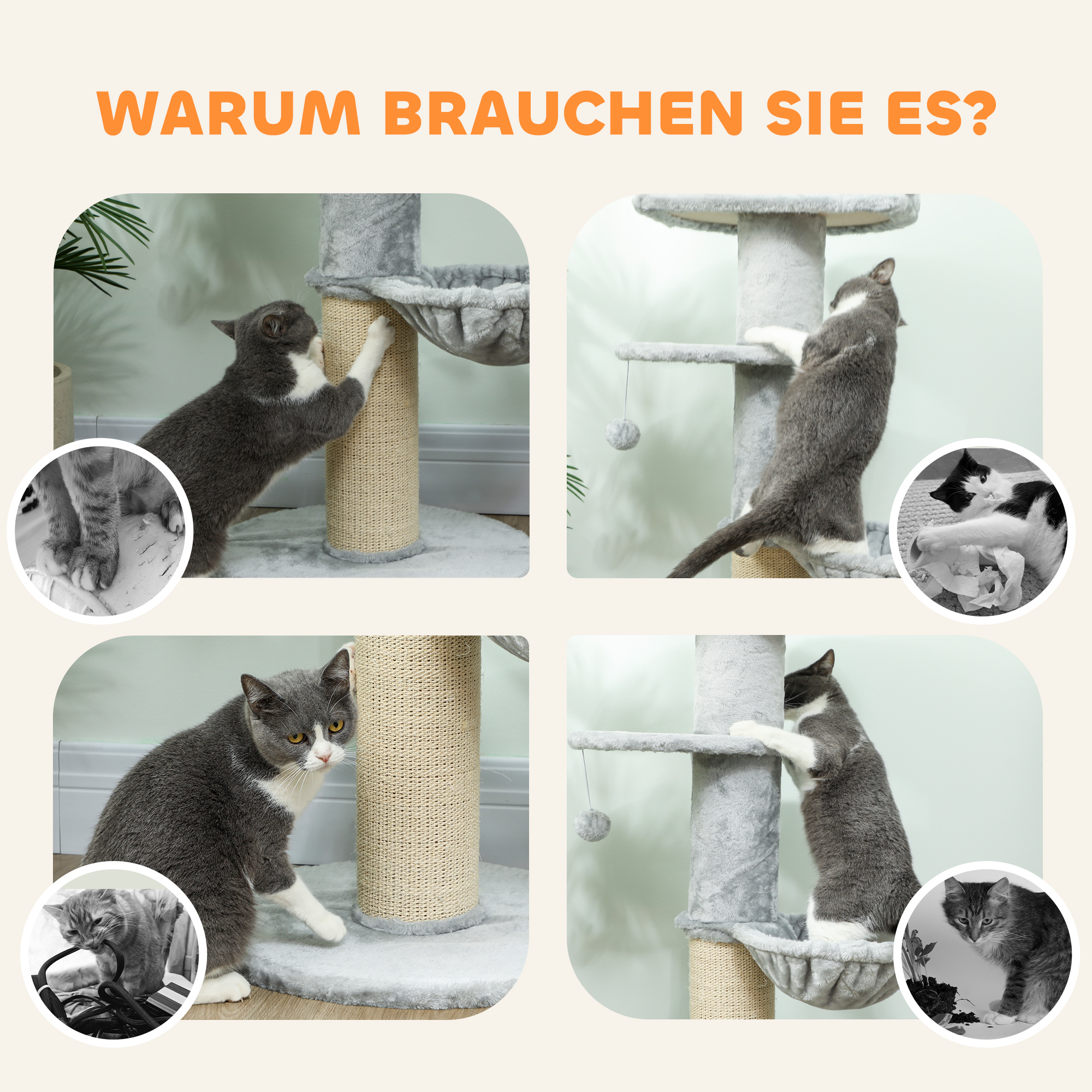 Katzenkratzbaum, Sisalpfosten, mehrstufig, Plüschstoff, hängende Kugel, Hellgrau