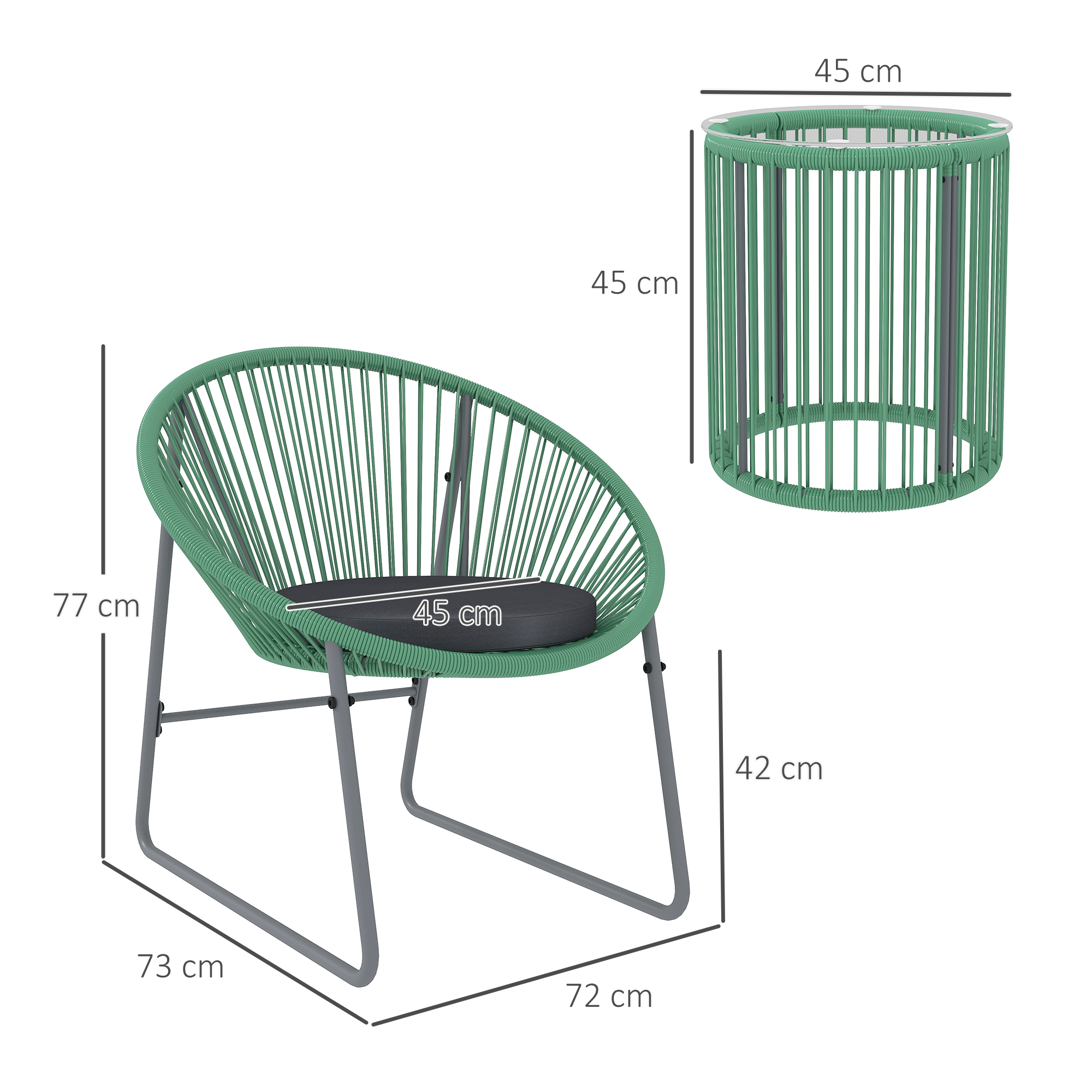 3-teiliges Outdoor-Möbelset, 1 Tisch, 2 Stühle, Glastischplatte, Kunststoff-Rattan um Stahlrahmen, weiche Kissen, Grün