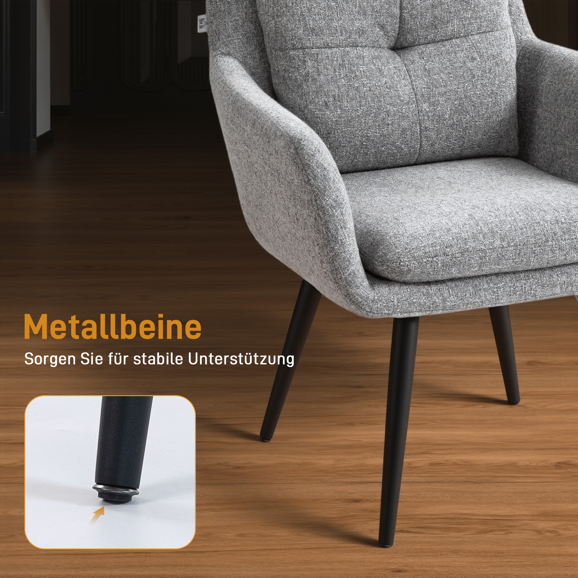 Moderner Akzentstuhl, Polsterstuhl mit Metallbeinen, Leinenoptik, Hellgrau