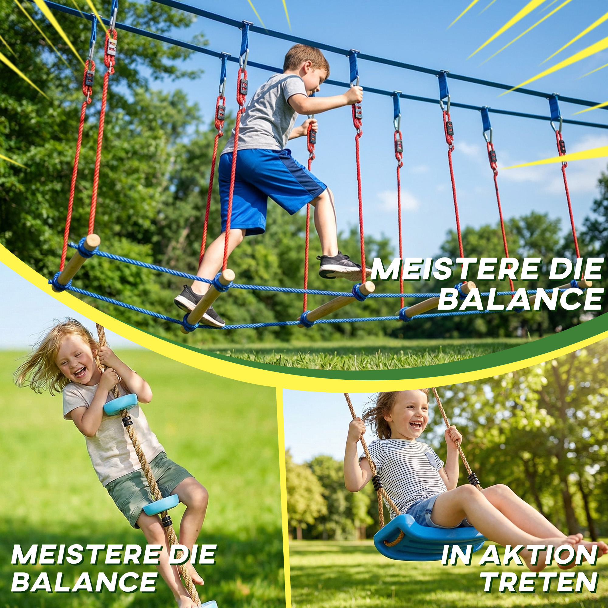 Ninja Line Kinder 24 m Slackline Set mit Turnringe 7 Hindernissen Kletterstange Balancierbrücke für 3-6 Jahre Rot+Blau
