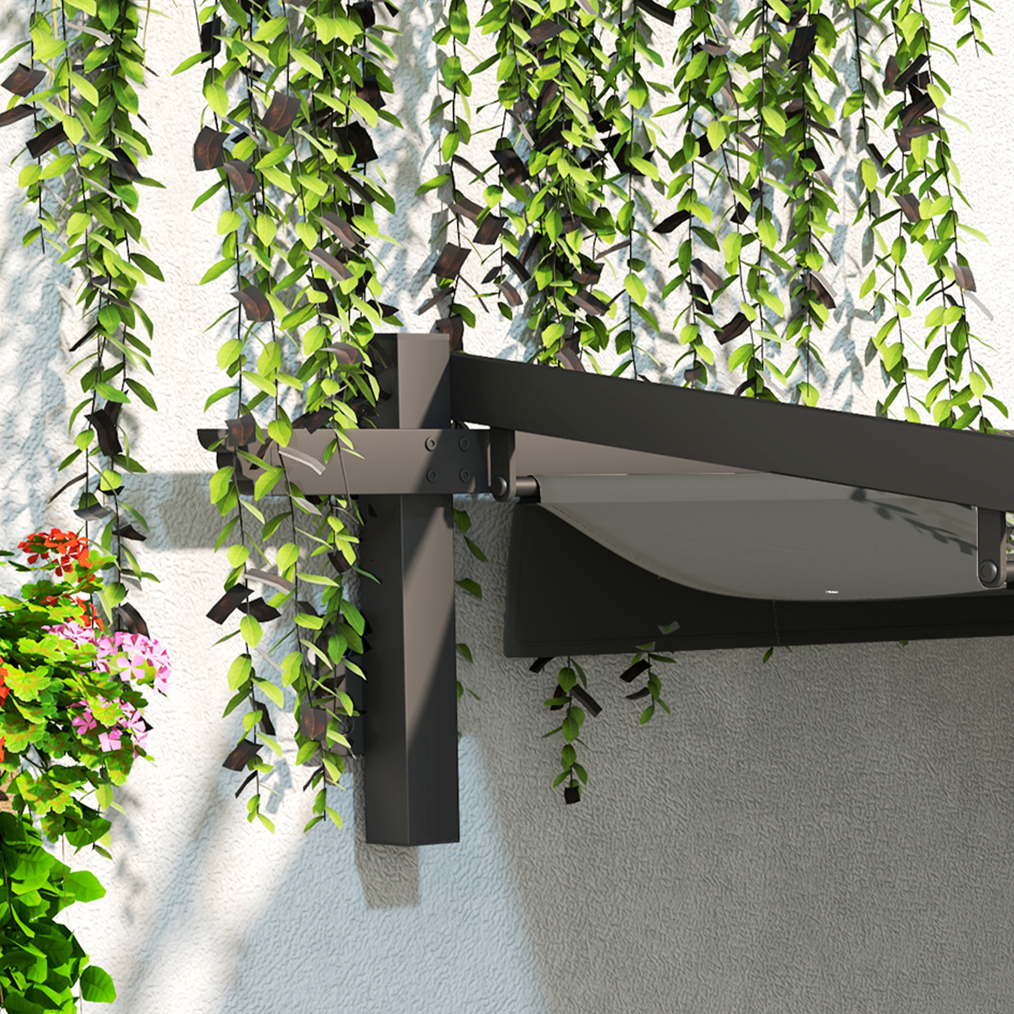 Pavillon, 3 x 3 m Pergola, Winddichtes Terrassendach, Wandmontage, Verstellbares Dach, für Garten, Terrasse, Dunkelgrau