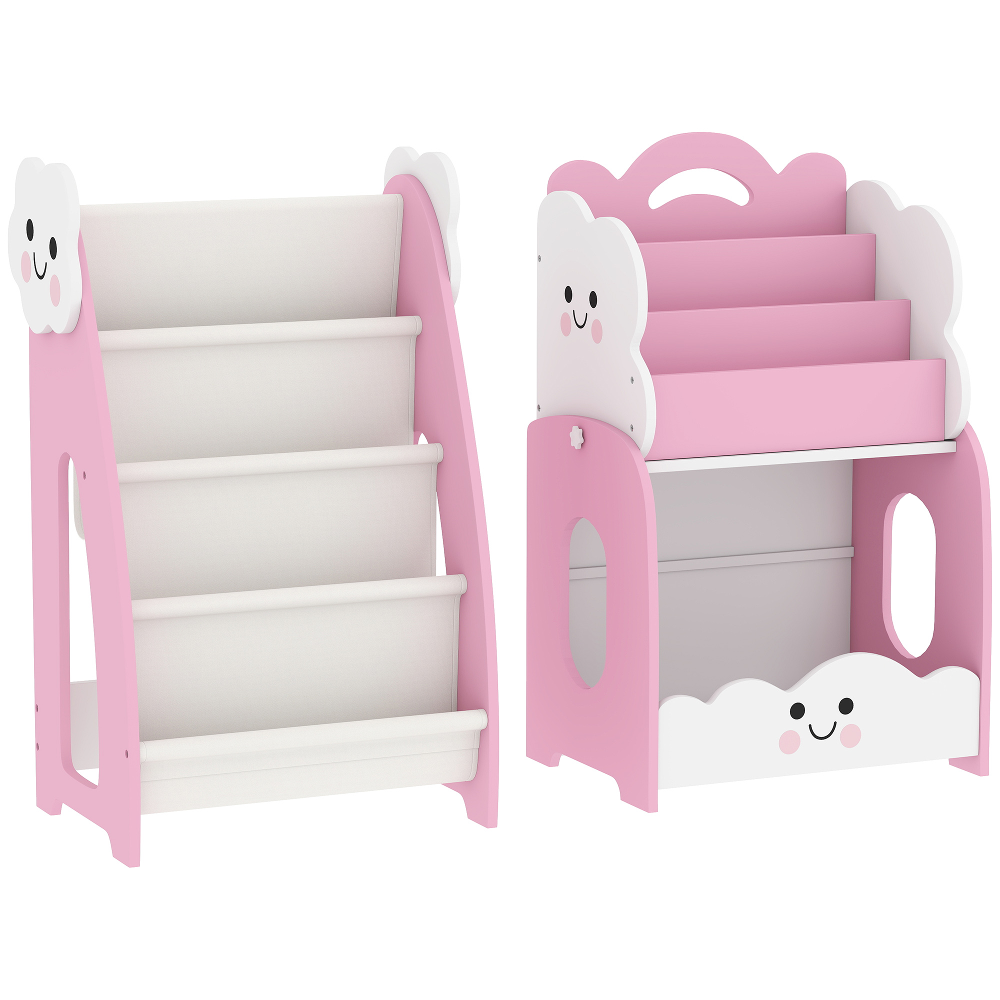 3-in-1 Kinderregal mit Spielzeugaufbewahrung, Modularer Bücherregal mit 4 Taschen & 3 Ebenen sowie Nachttisch, Rosa