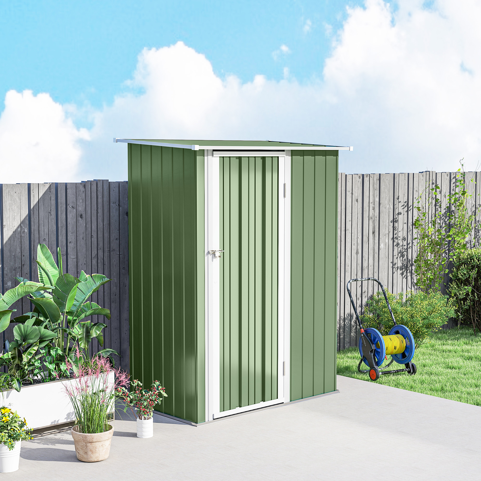 Metall Gerätehaus 1,07 m² 142 x 86 x 189 cm Geräteschuppen mit Pultdach Abschließbarer Tür, wetterfest Gartenhaus Outdoor Garten Schuppen für Hinterhof Außenbereich Grün