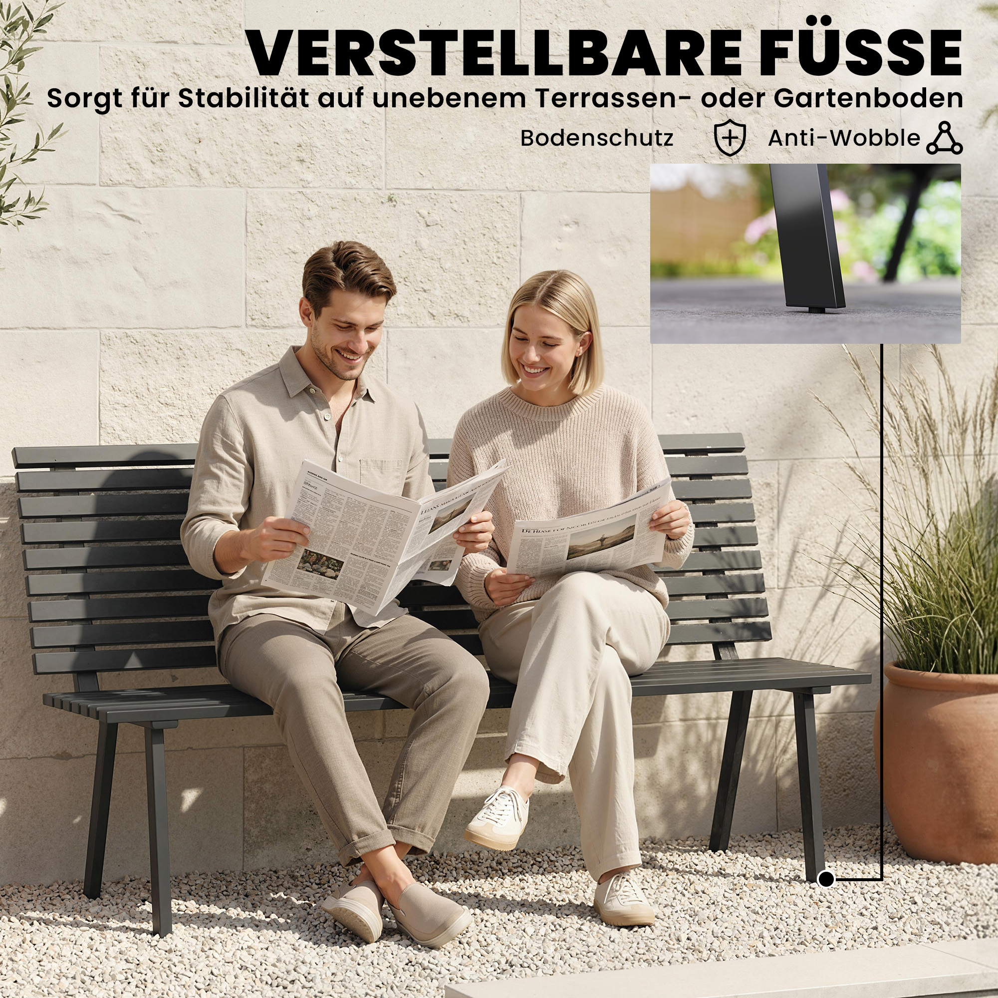 Gartenbank 3-Sitzer wetterfest Metall Outdoor Sitzbank mit breitem Sitz Lamellendesign, bis 240 kg 154 x 68 x 88 cm