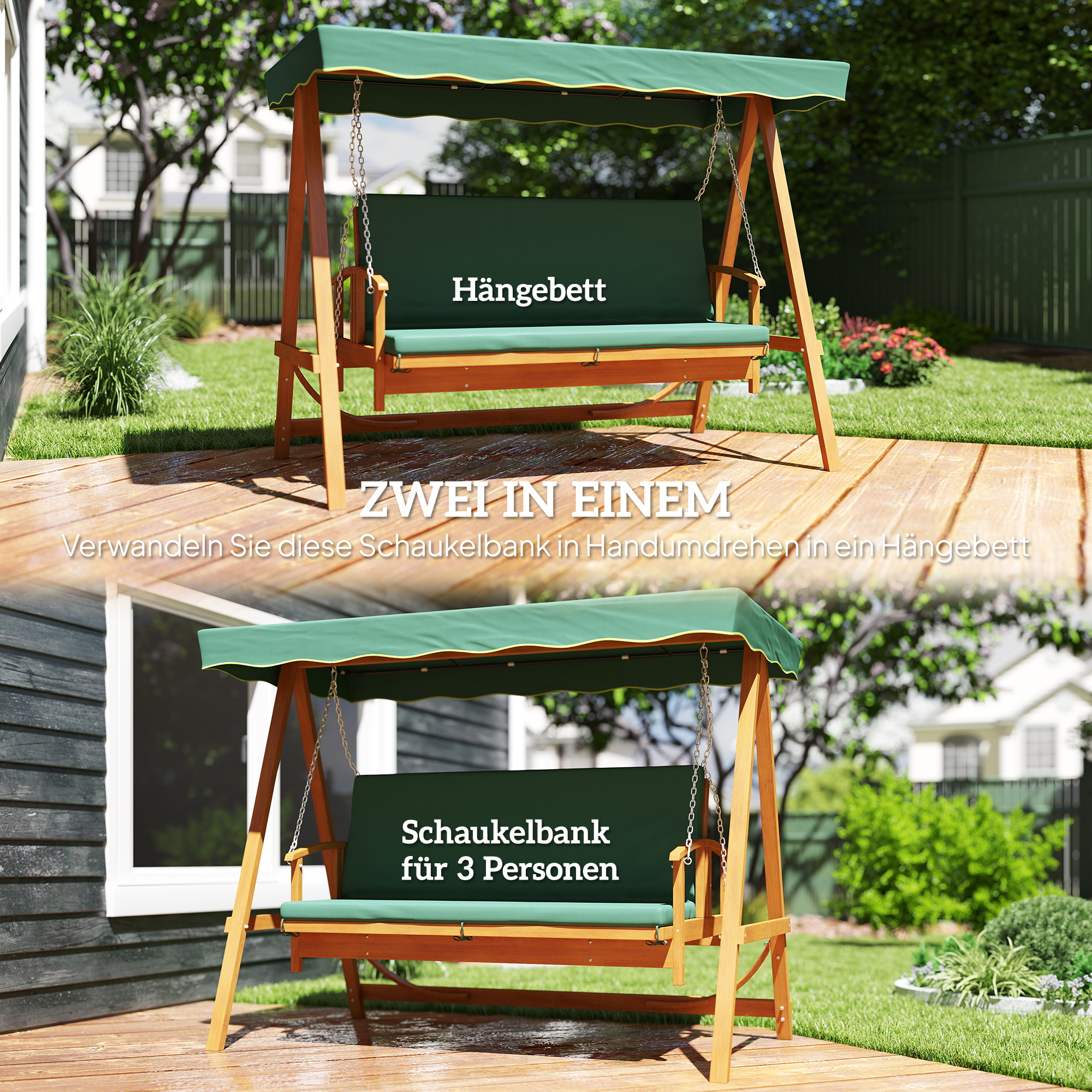 Hollywoodschaukel mit Sonnendach, Echtholz-Gartenschaukel, Schaukelbank mit Liege-Funktion, für 3 Personen, Dunkelgrün