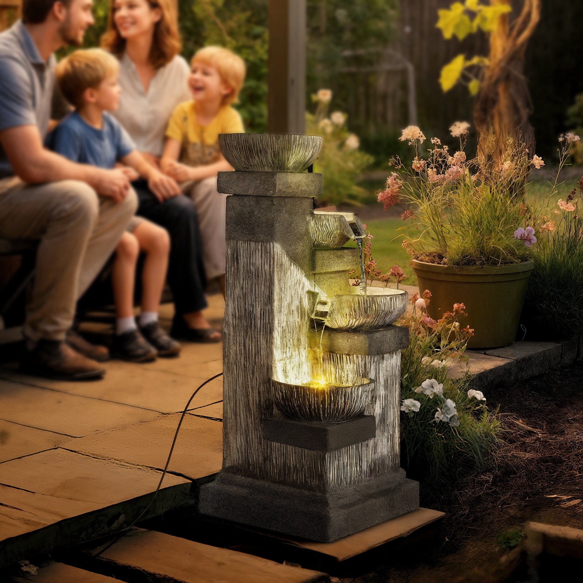 85 cm Outdoor-Brunnen, 4-stufiger Zierbrunnen, künstlicher Wasserfall mit LED-Beleuchtung und Pumpe, Grau